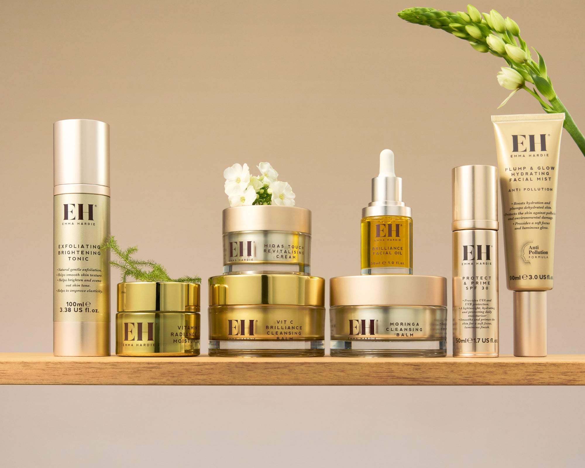 Emma Hardie skincare routine featuring Moringa Cleansing Balm, Vit C Brilliance products, Midas Touch cream, Protect & Prime SPF30, Plump & Glow Facial Mist and Exfoliating Brightening Tonic.