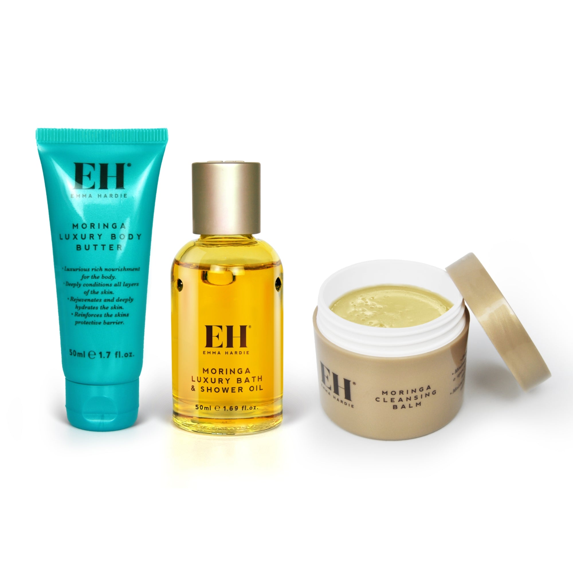 Contents of Emma Hardie Luxury Spa Collection set including Moringa Cleansing Balm 30g
Moringa Luxury Body Butter 50ml
Moringa Luxury Bath & Shower Oil 50ml