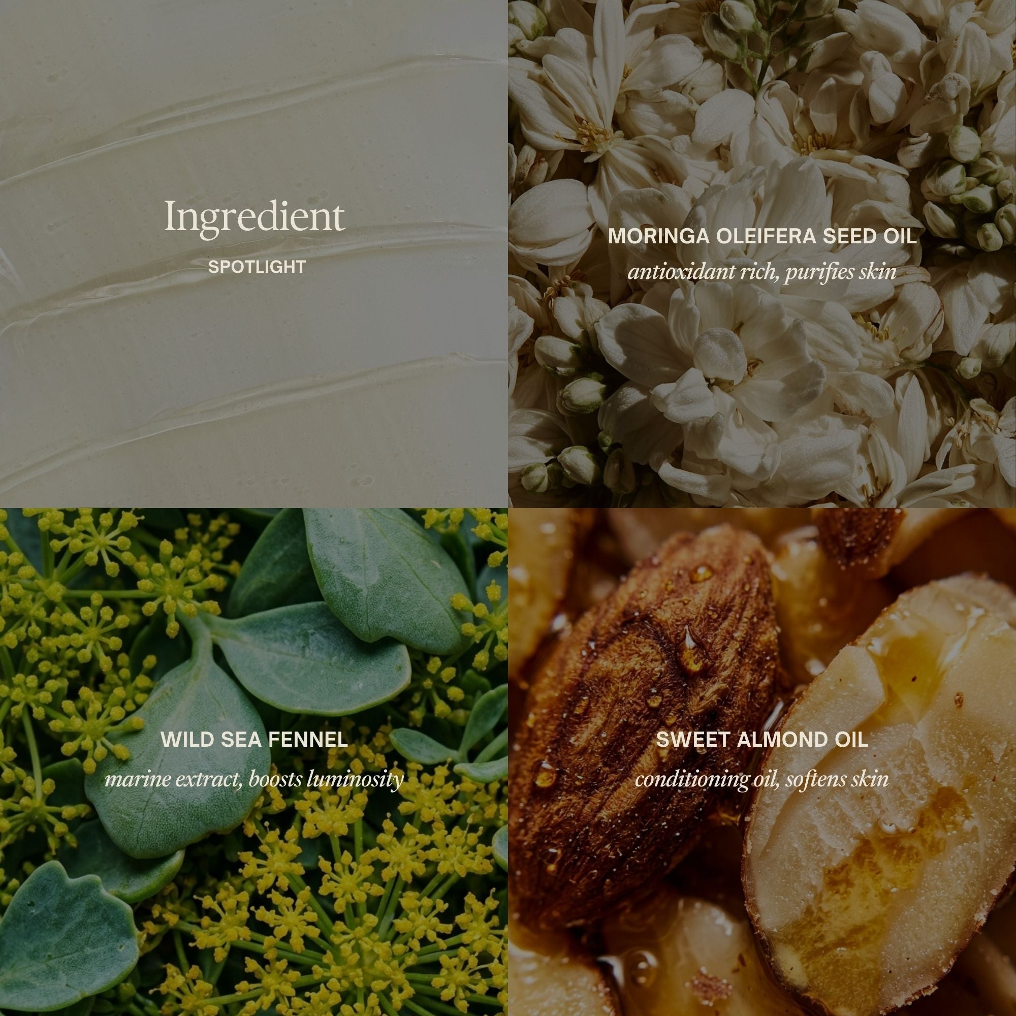 Emma Hardie Cleanse and Glow Bundel Ingredient highlights: Moringa Seed Extract
Softens and purifies.
Wild Sea Fennel
Refreshes tired skin.
Sweet Almond Oil
Nourishes and conditions.