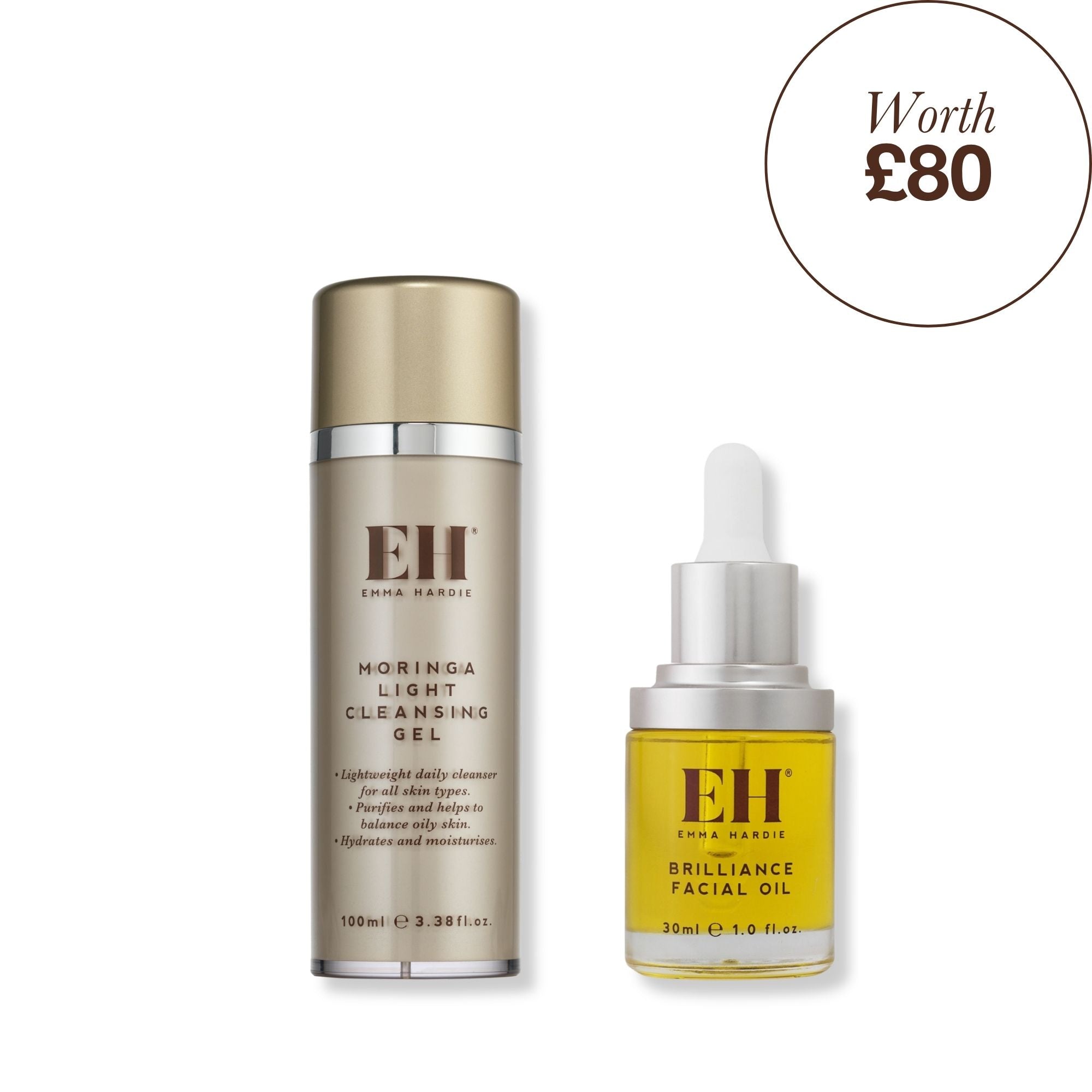 Emma Hardie Moringa Light Cleansing Gel & Emma Hardie Brilliance Facial oil next bottles next to each other. Worth £80.