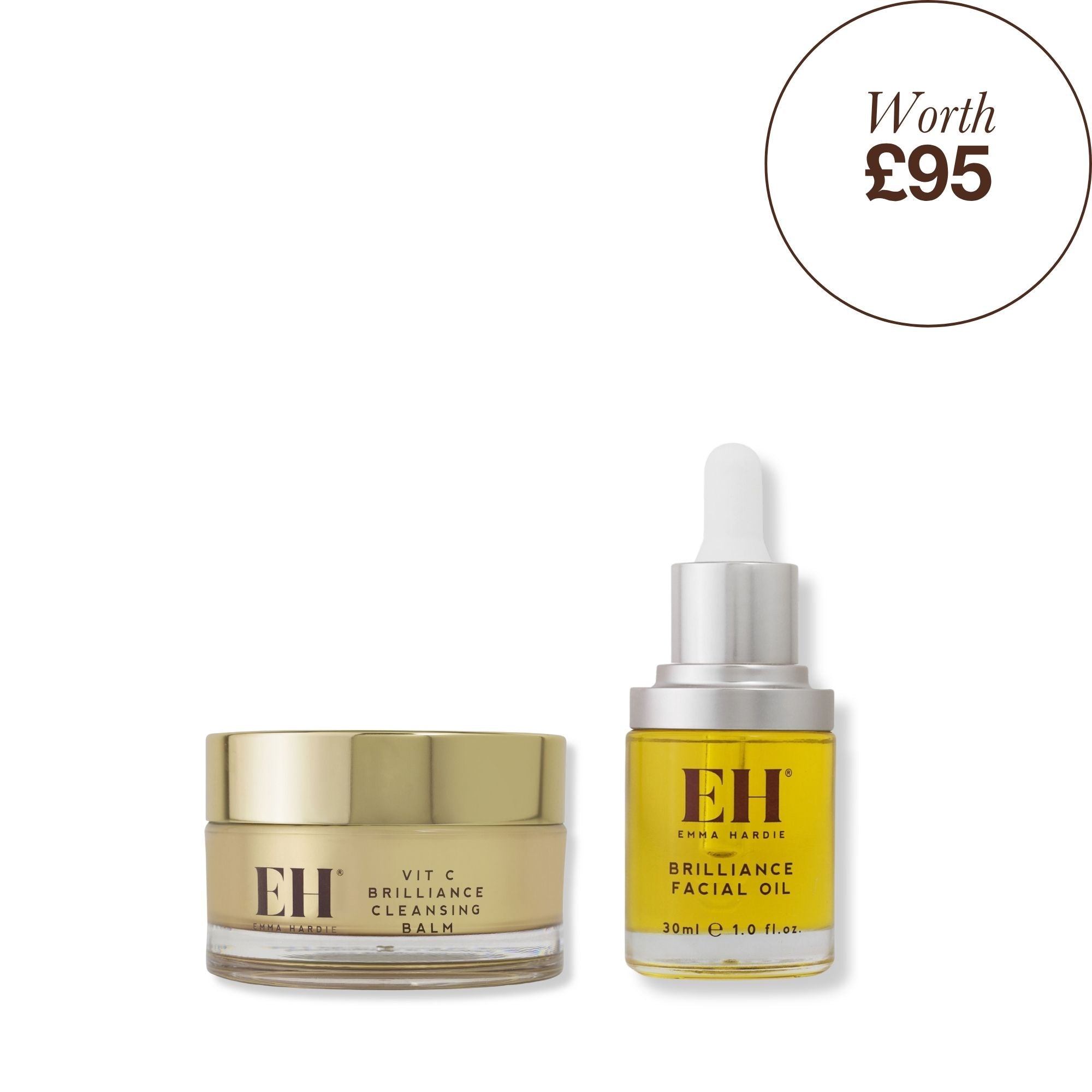 A ritual set with a gold jar of Emma HardieVit C Brilliance Cleansing Balm next to a yellow dropper bottle of Emma Hardie Brilliance Facial Oil, with a circular price badge reading 'Worth £95' in the top right corner.