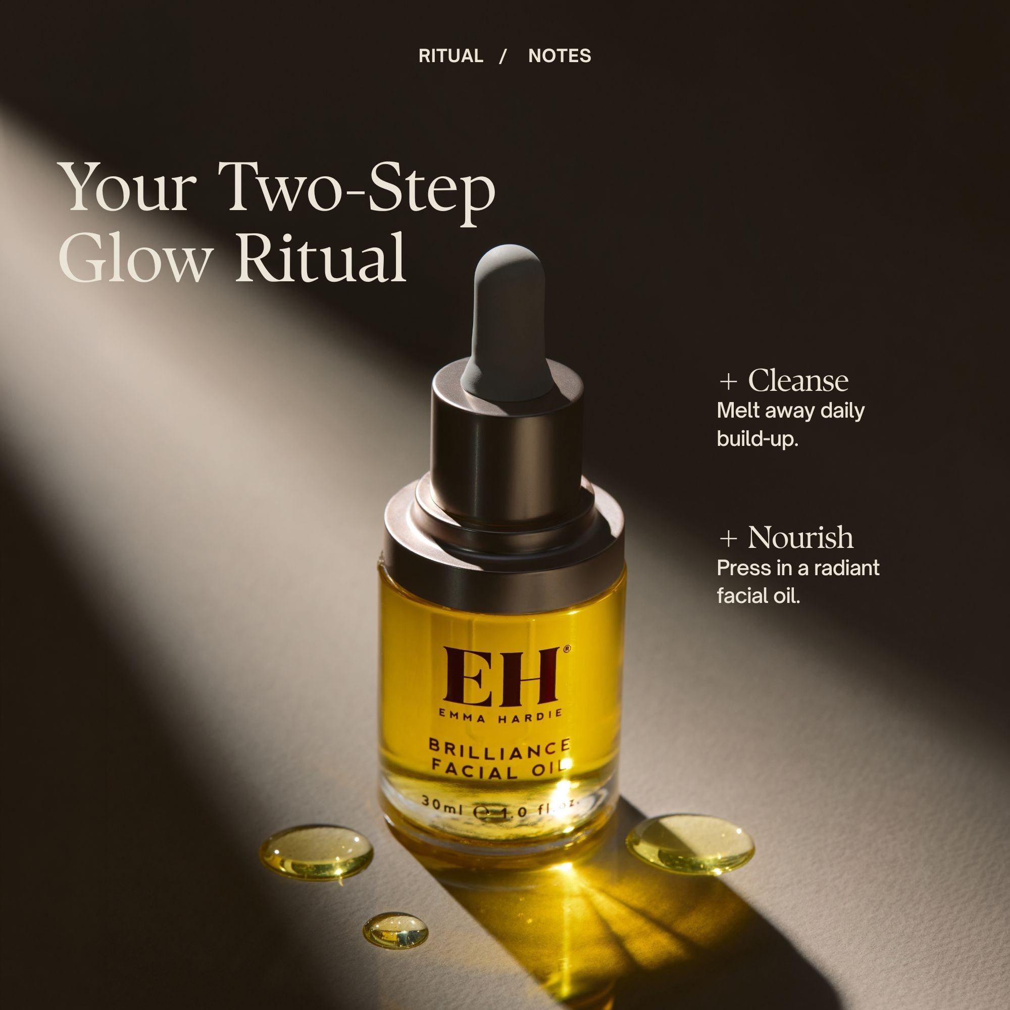 A bottle of EH Enja Haricie Brilliance Facial Oil with a dropper cap, set against a dark background with dramatic light rays and text overlays describing a two-step glow ritual.