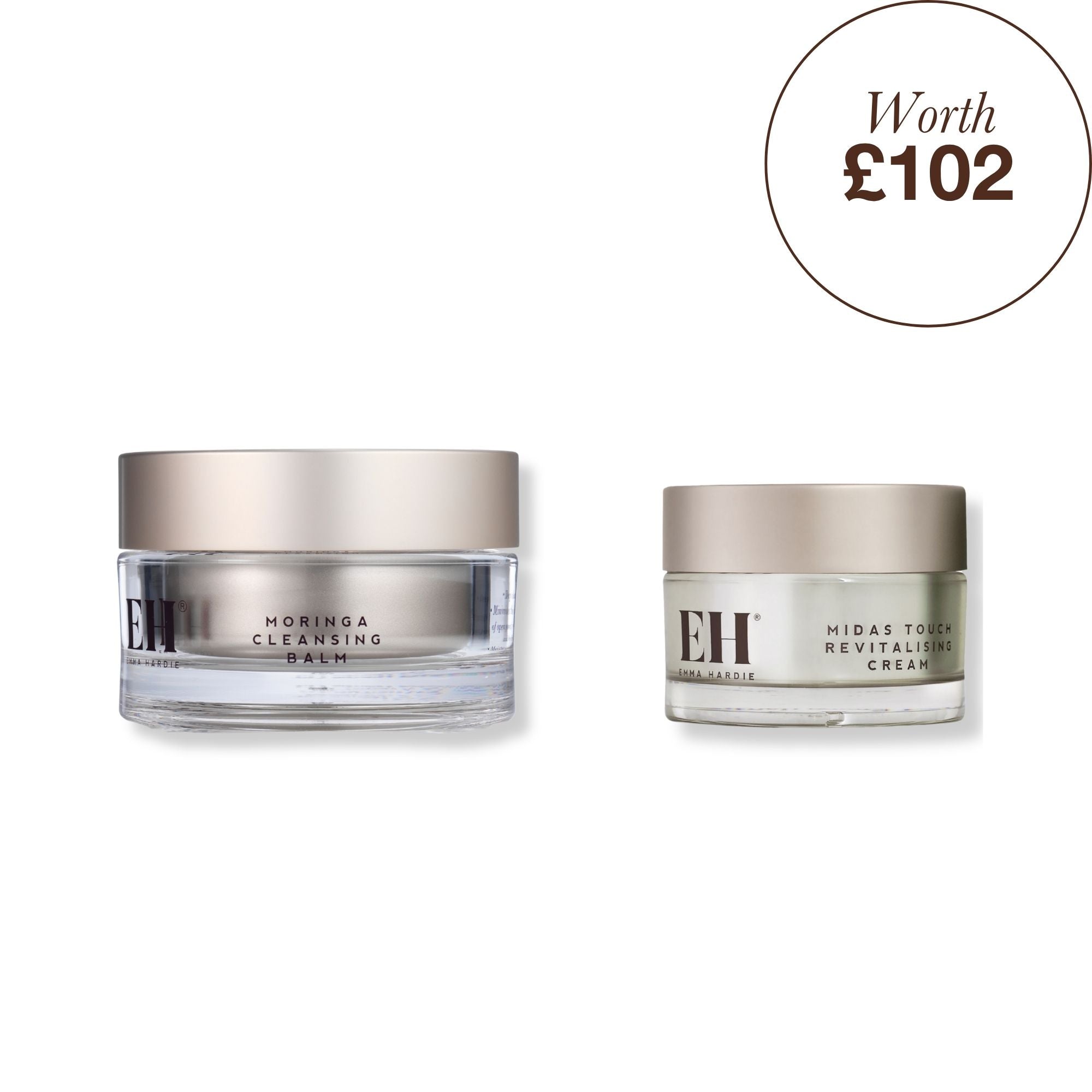 Emma Hardie Cleanse and Hydrate Bundle includes Moringa Cleansing balm 100g and Midas Touch Revitalising Cream. Worth £102, yours for £80