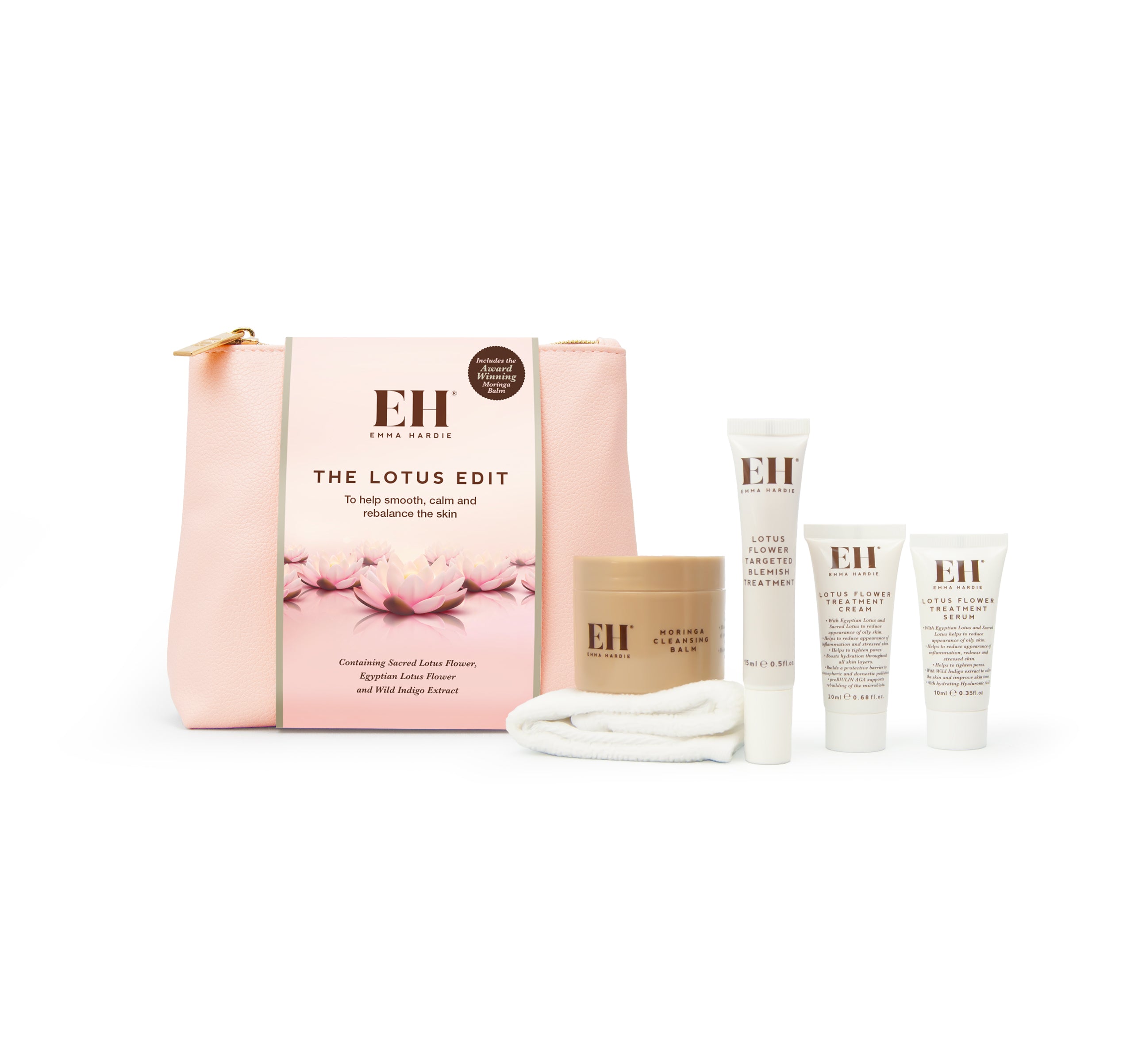 Emma Hardie the Loutus Edit pink pouch and contents set on a white background