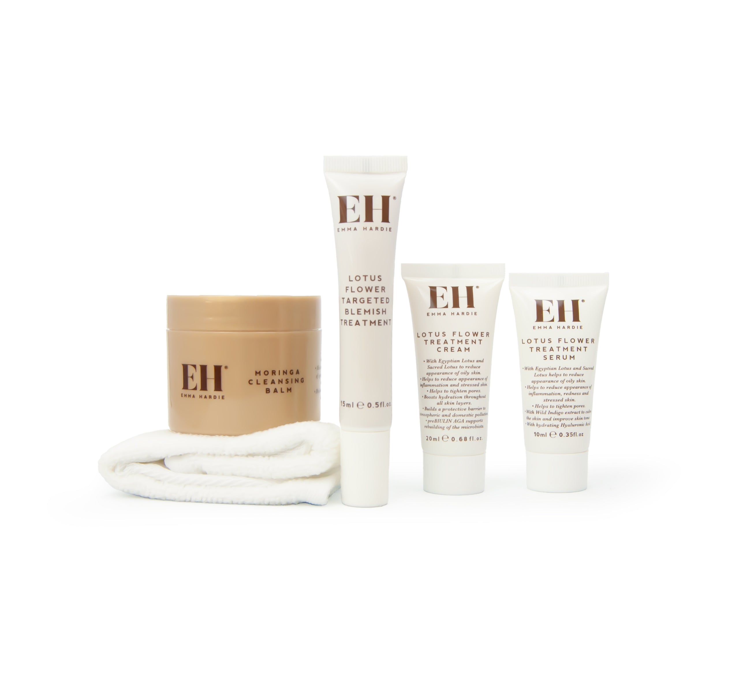 Emma Hardie Lotus Edit contents including: Moringa Cleansing balm (30g), Double action cleansing cloth, Lotus Flower Targeting Blemish treatment, Louts Flower Treatment Cream and Louts Flower Treatment serum