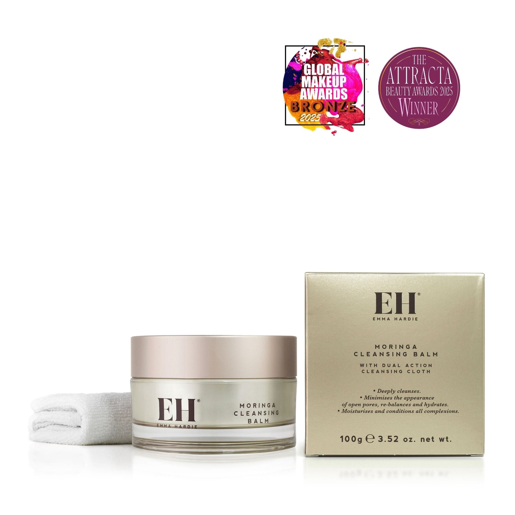 Award Winning Emma Hardie Moringa Cleansing Balm.
Global Make Up Awards 2025: BRONZE Best Beauty Hero Product
ATTRACTA Beauty Awards: Best Superstar Cleansing Balm