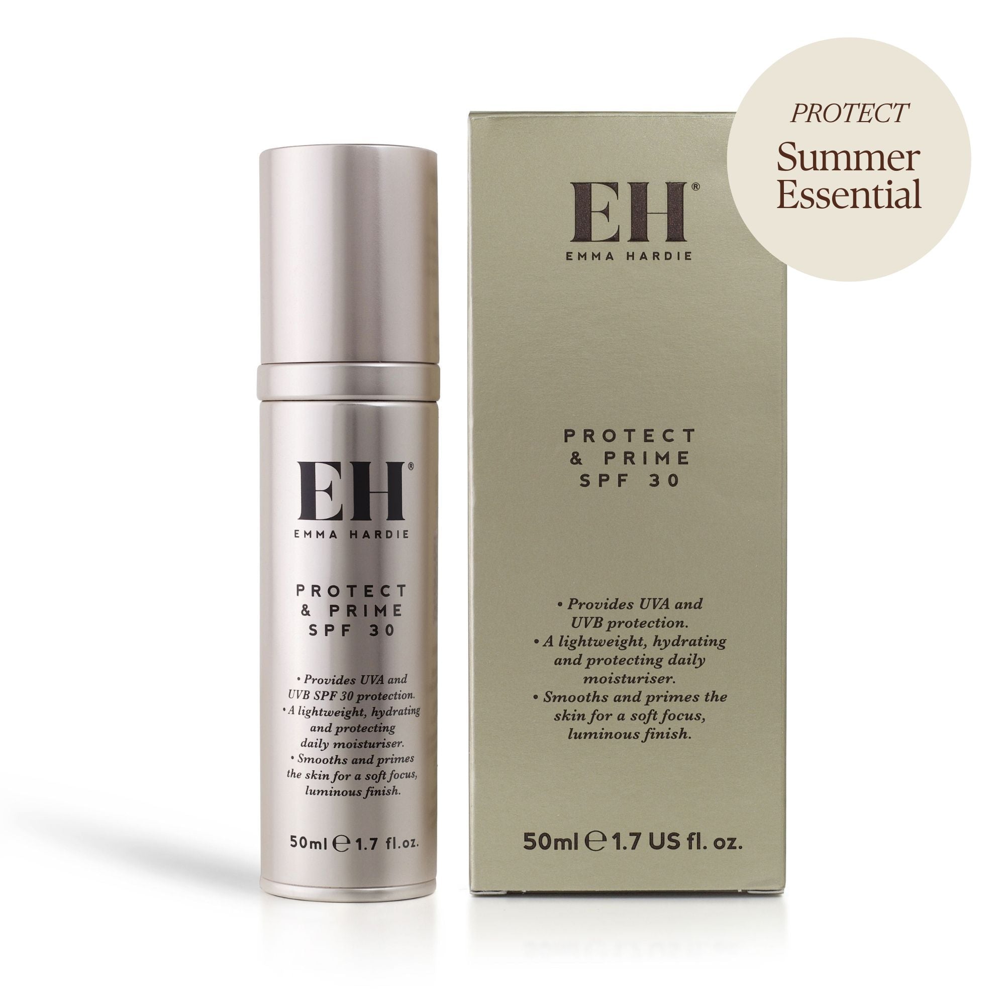 Emma Hardie Protect & Prime SPF 30 tube and box on a white background with a 'Protect: Summer Essential' sticker