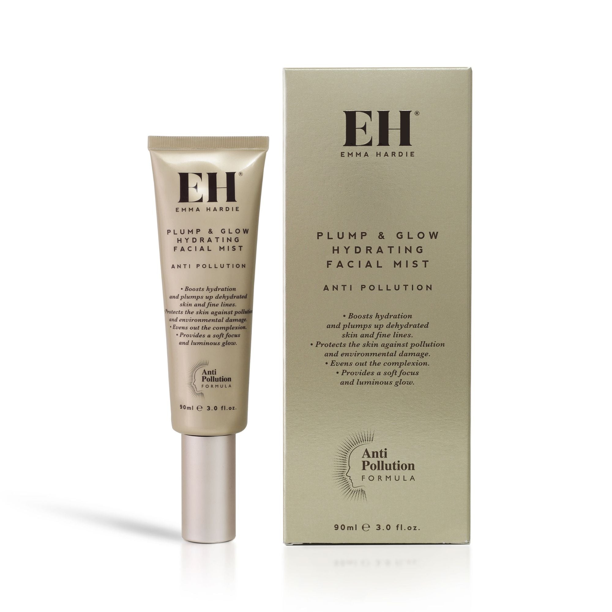 Emma Hardie plump & glow hydrating facial mist with packaging on a white background