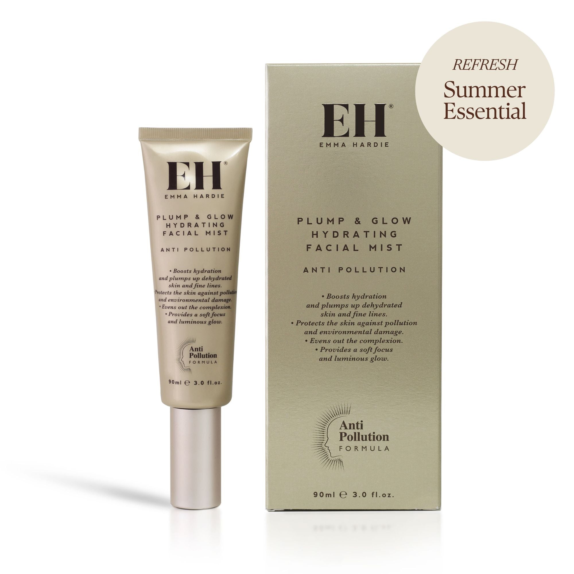 Plump & Glow Hydrating Facial Mist by Emma Hardie with packaging on a white background with a 'Refresh: Summer Essential' sticker