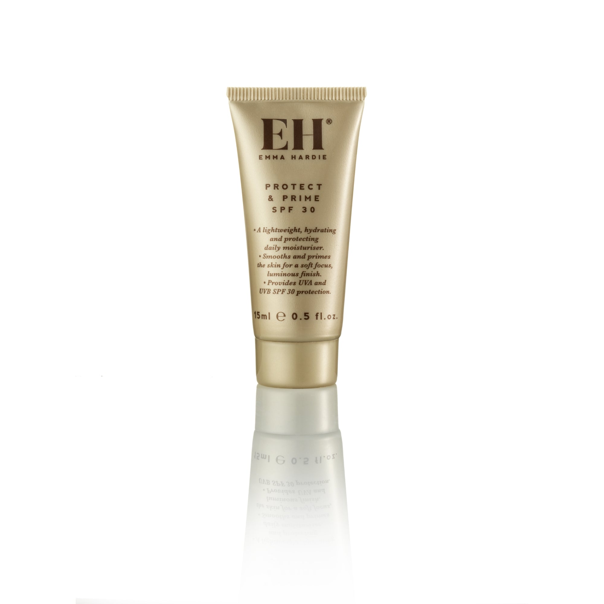 Tube of travel size Emma Hardie Protect & Prime SPF 30 (15ml) on a white background