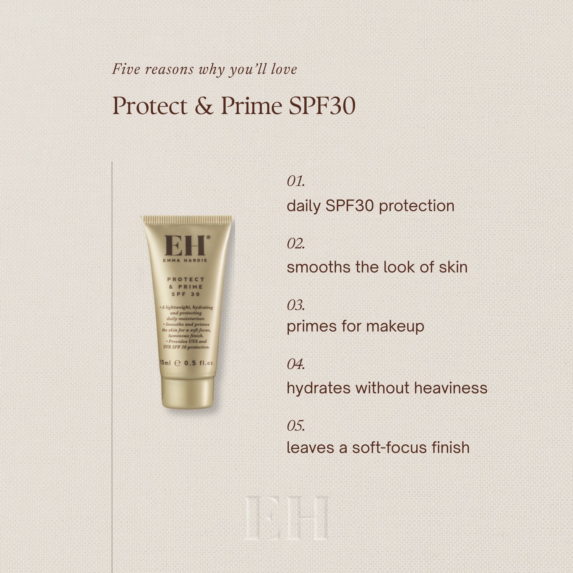 Five reasons why youll love Protect & Prime SPF30
1 daily SPF30 protection
2 smooths the look of skin
3 primes for makeup
4 hydrates without heaviness
5 leaves a soft-focus finish