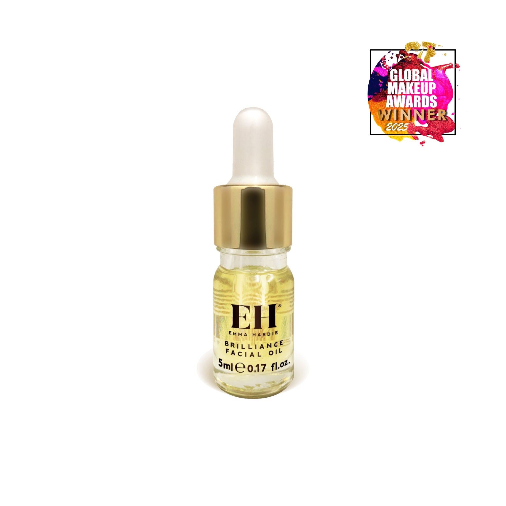 Small bottle of Brilliance Facial Oil with dropper on a white background