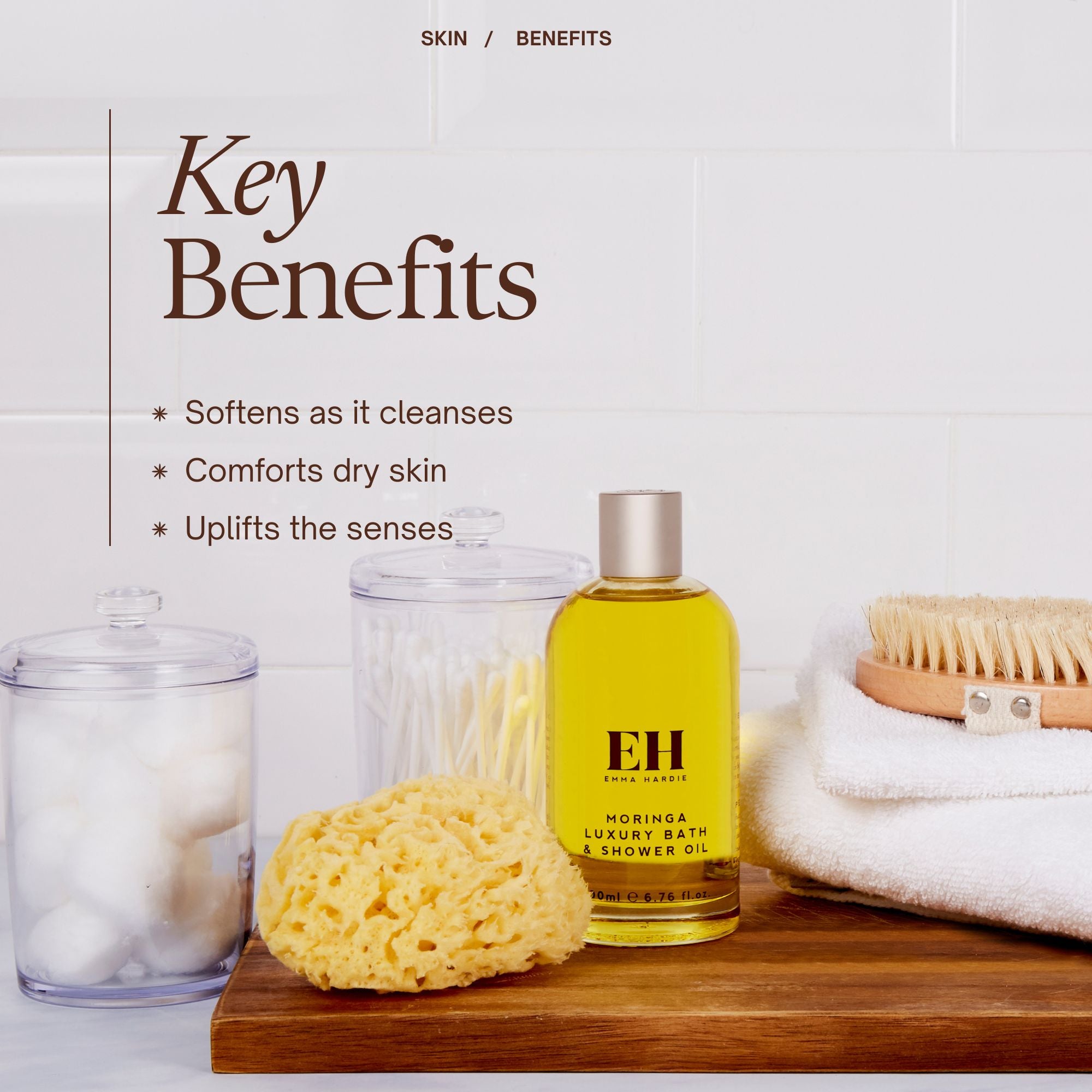 Moringa Luxury Bath & Shower Oil Key benefits
• Softens as it cleanses
• Comforts dry skin
• Uplifts the senses