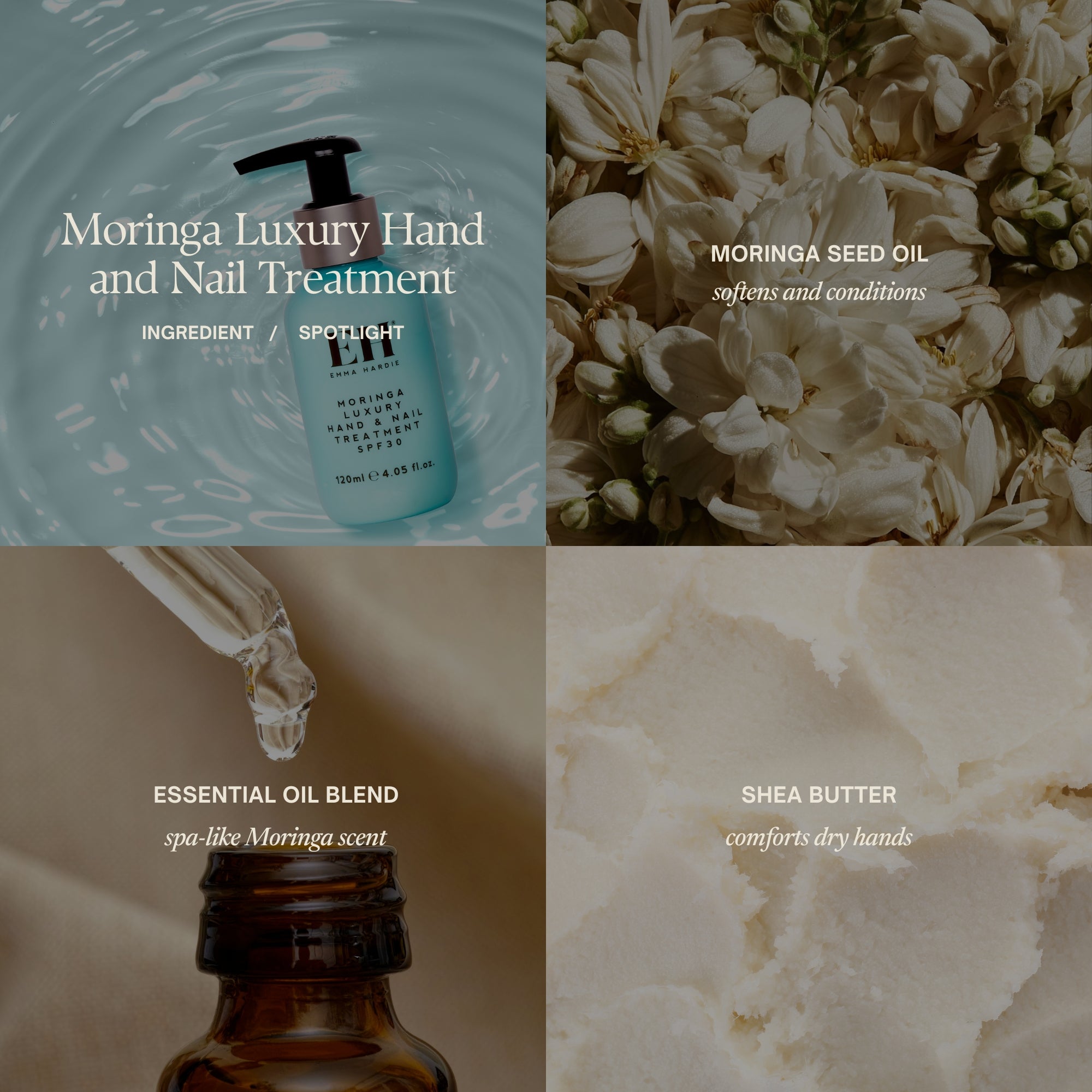 Moringa Luxury Hand and Nail Treatment Ingredients
MORINGA SEED OIL softens and conditions
Essential Oil Blend spa-like Moringa scent
Shea Butter comforts dry hands