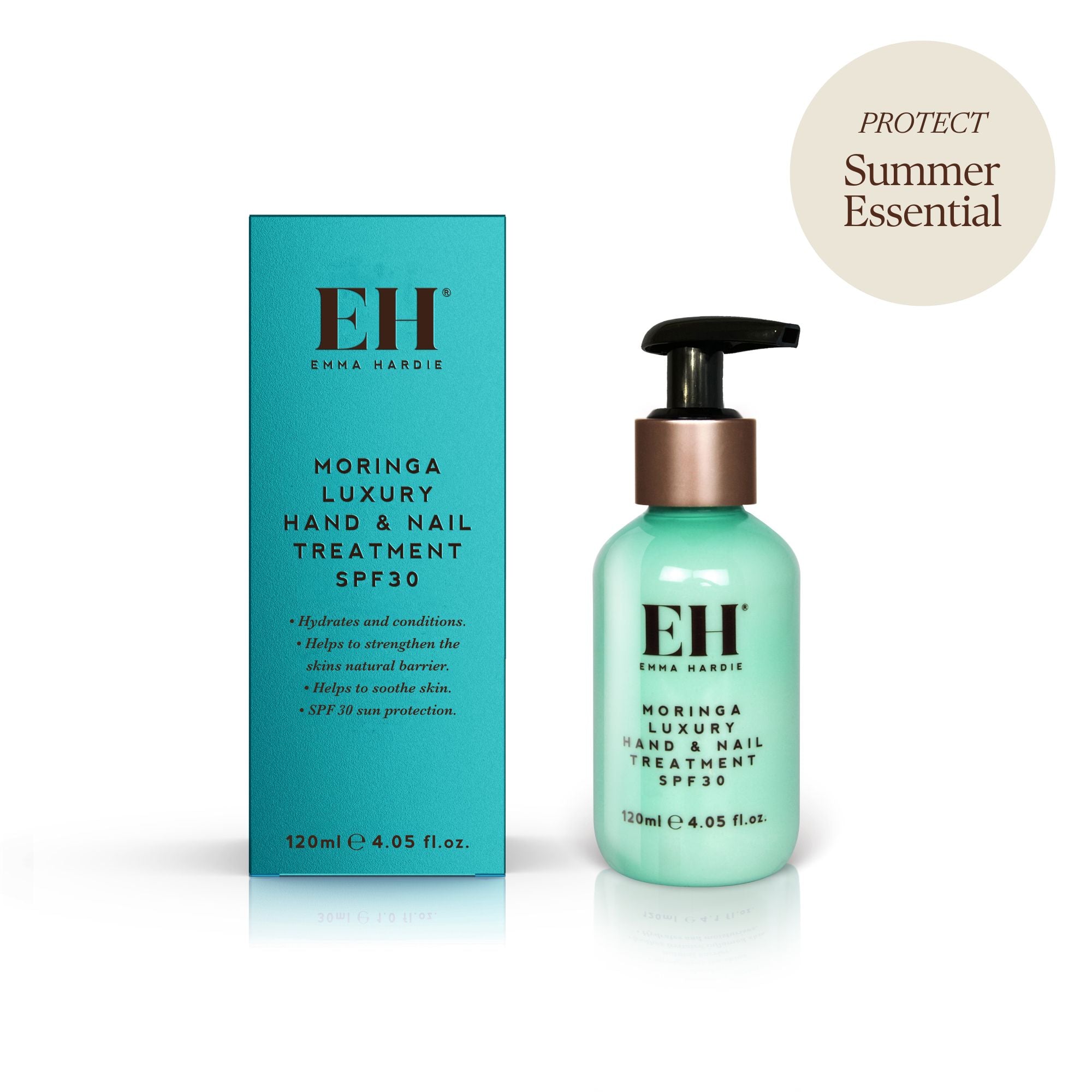 Enna Hardy Moringa Luxury Hand & Nail Treatment SPF30 with packaging on a white background with a 'Protect Summer Essential' sticker