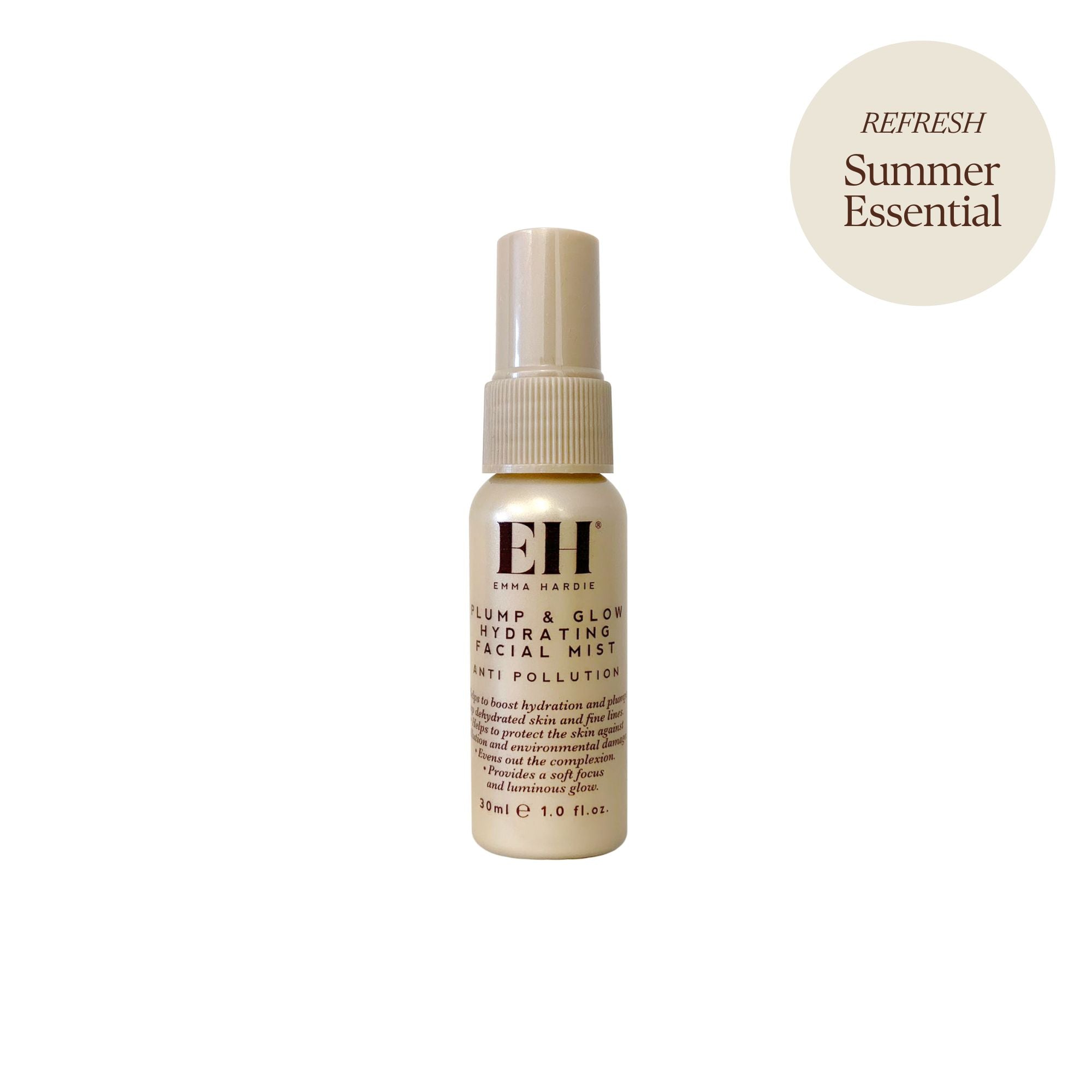 Emma Hardie Plump & Glow Hydrating Facial Mist mini bottle on a white bbackground with a 'Refresh Summer Essential' sticker'