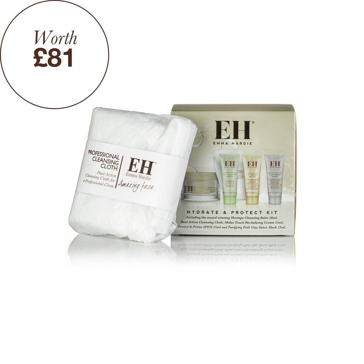 Emma hardie Hydrate and Protect Kit packaging with a 'worth £81' roundel