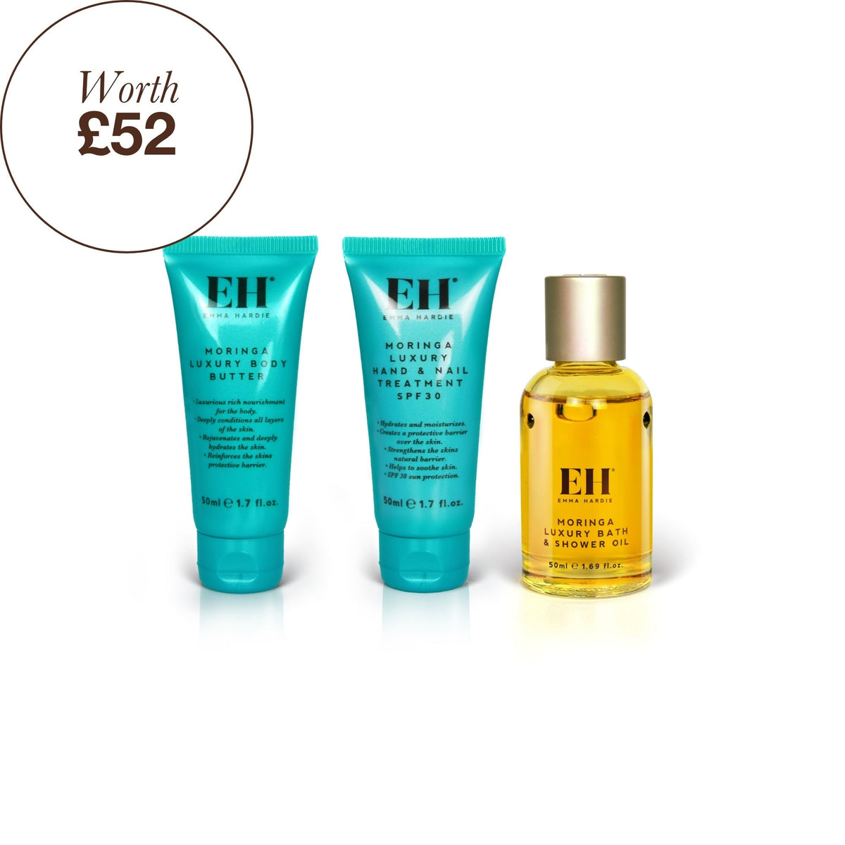 Emma Hardie Luxury Hand and Body Set contents on a white background with a 'Worth £52' roundel