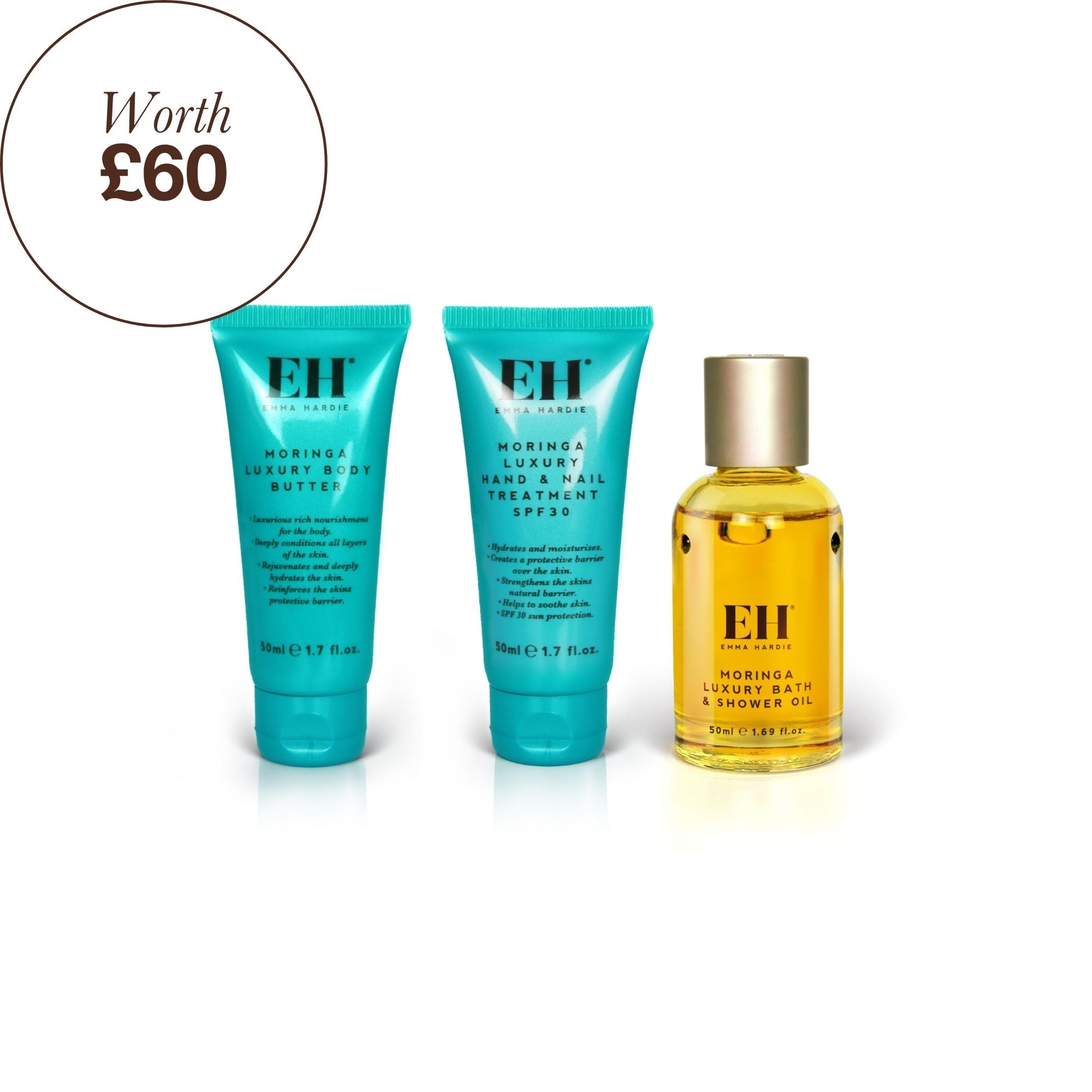 Emma Hardie Luxury Hand and Body Set contents on a white background with a 'Worth £60' roundel