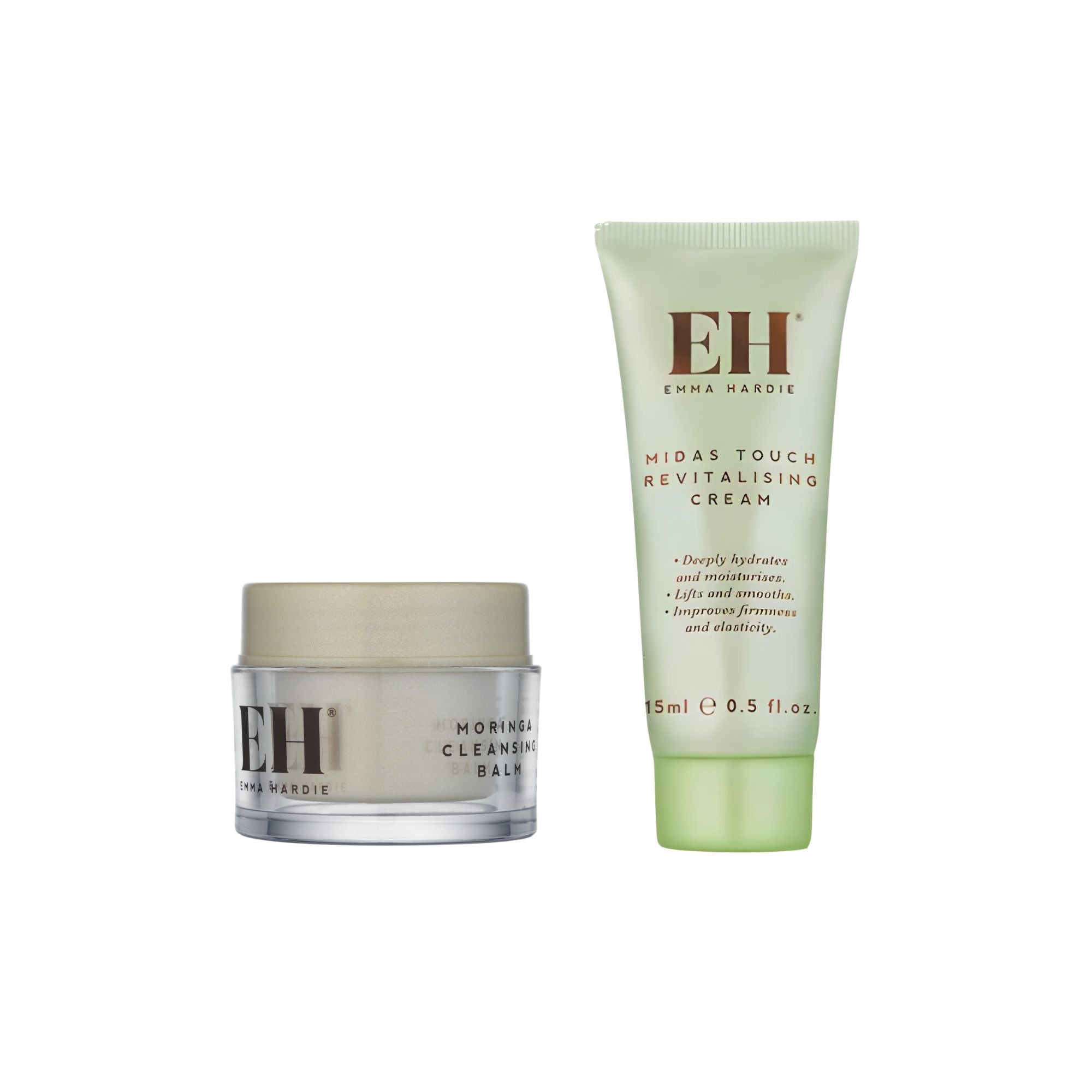 Emma Hardie Hydration on the Go Kit contents: Moringa Cleansing Balm 15ml and Midas Touch Revitalising Cream 15ml on a white background