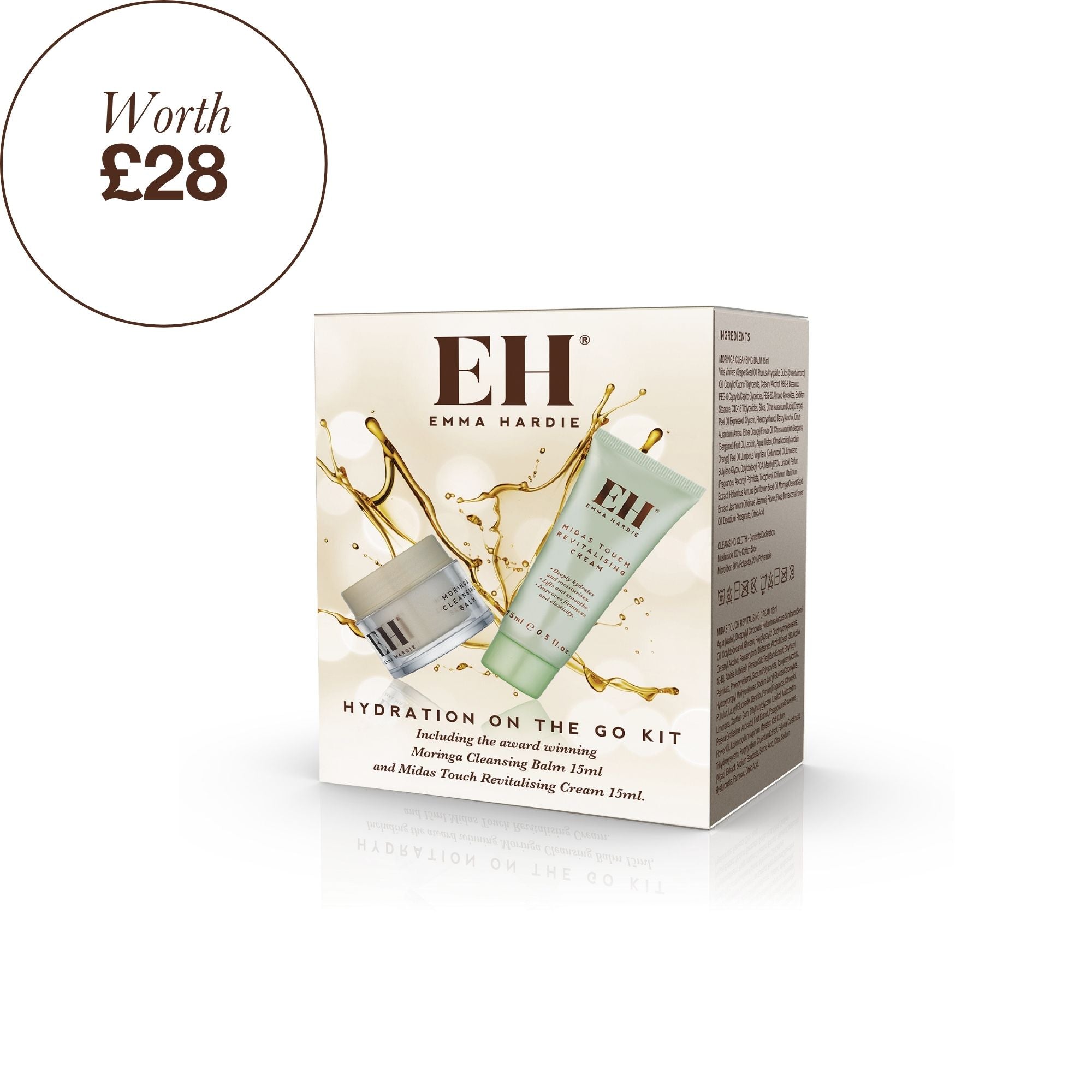 Emma Hardie Hydration on the go kit box on white background with a 'Worth £28' roundel