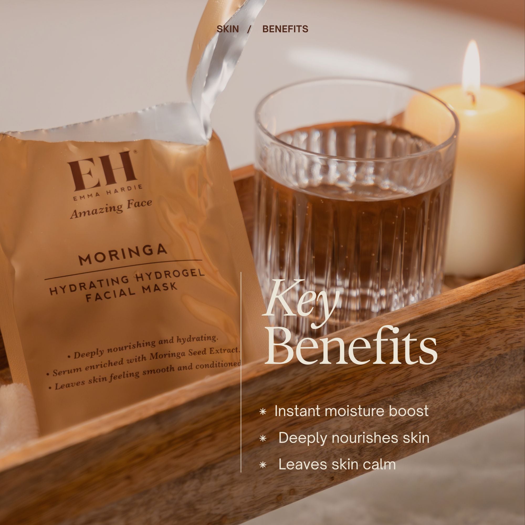 Emma Hardie Moringa Hydrogel Facial Mask Key Benefits:
• Instant moisture boost
• Deeply nourishes skin
• Leaves skin calm