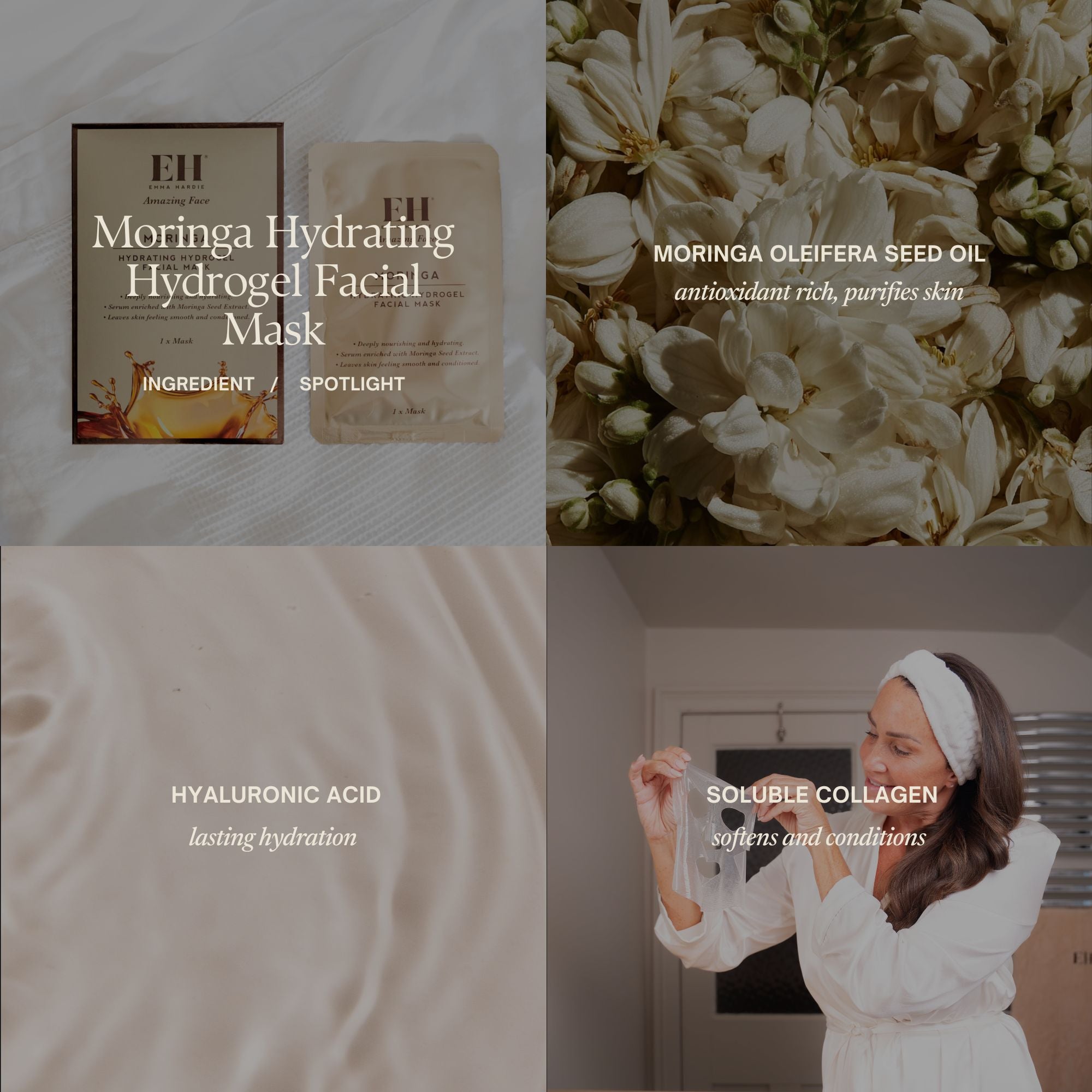 Moringa Hydrating Hydrogel Facial Mask Ingredient Spotlight:
MORINGA OLEIFERA SEED OIL antioxidant rich, purifies skin
Hyaluronic acid lasting hydration
Soluble collagen softens and conditions
