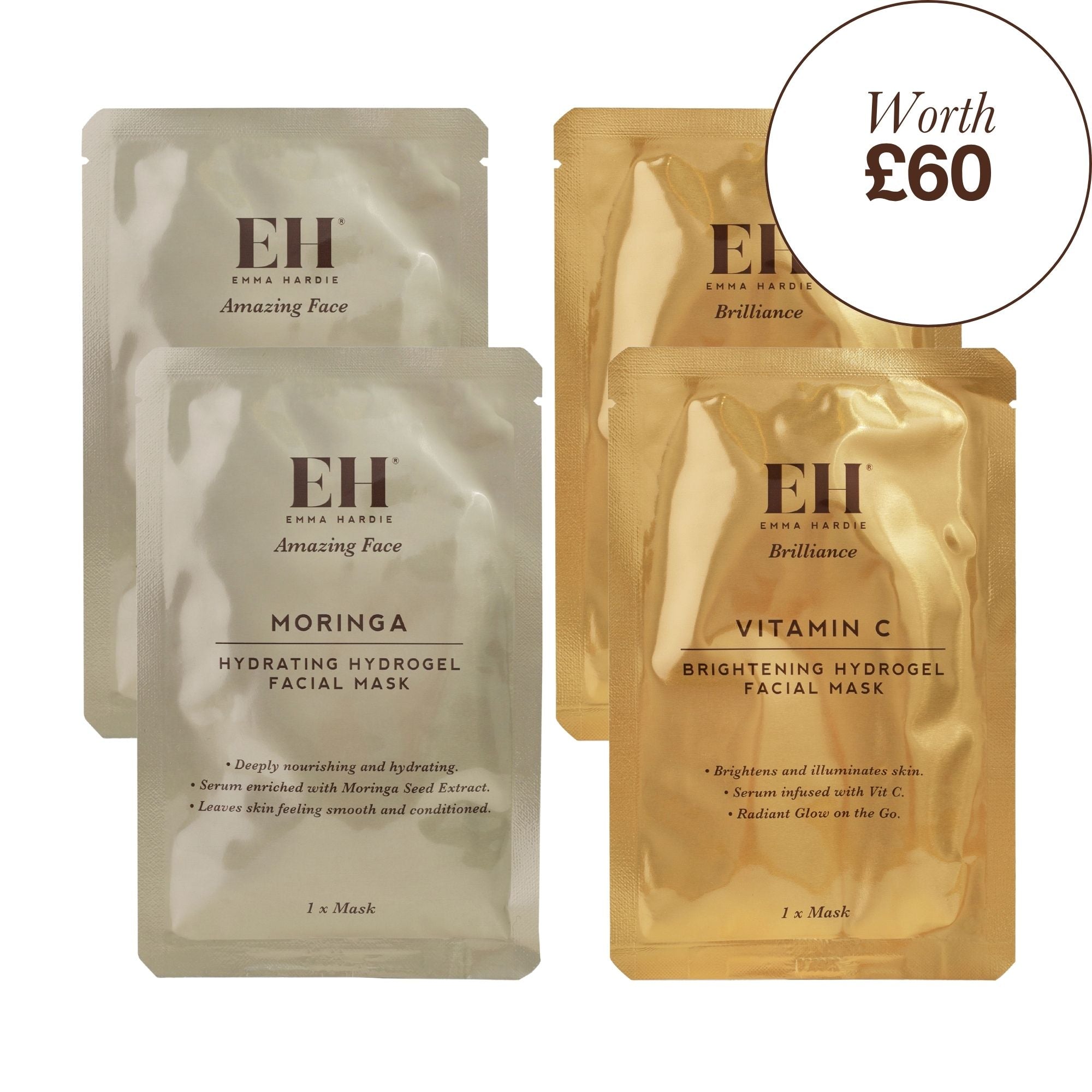 Set of Emma Hardie Moringa and Vit C hydrogel facial masks on a white background.