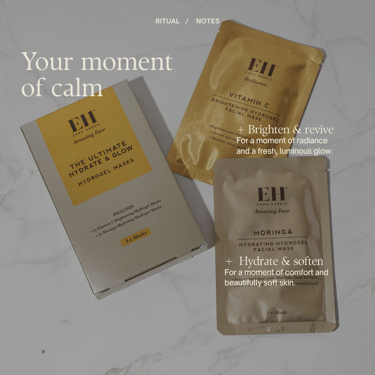 Ritual Notes
Hydrate & soften
Moringa Hydrating Hydrogel Facial Mask
For a moment of comfort and beautifully soft skin.
Brighten & revive
Vitamin C Brightening Hydrogel Facial Mask
For a moment of radiance and a fresh, luminous glow.