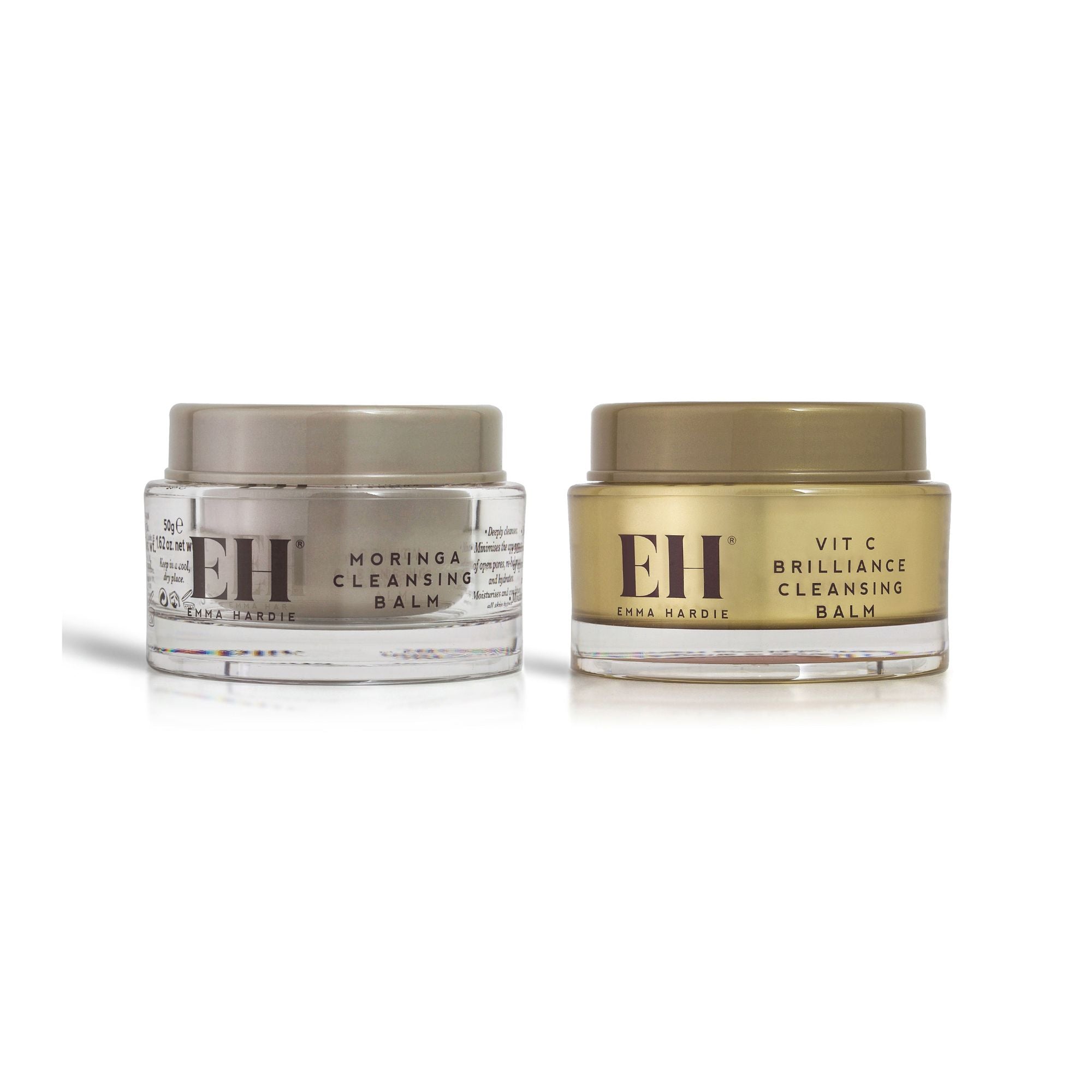 Emma Hardie Iconic Duo: Dual AM & PM Cleansing Ritual contents 50g Vit C Brilliance Cleansing Balm
50g Moringa Cleansing Balm on a white background
