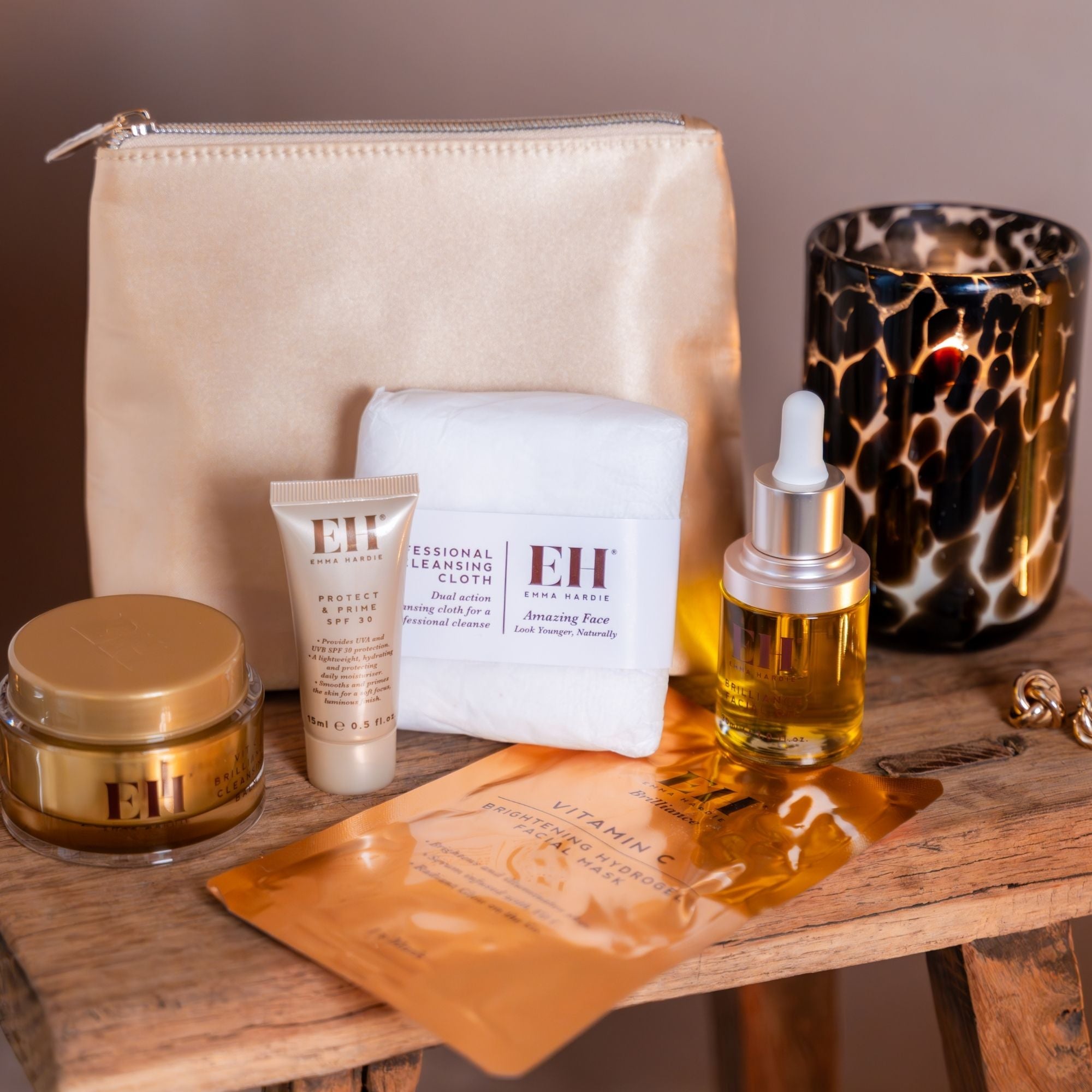 Emma Hardie Online Exclusive Brightening Collection with Vitamin C Brilliance Cleansing Balm, Hydrogel Facial Mask, Protect & Prime SPF30 and Brilliance Facial Oil.