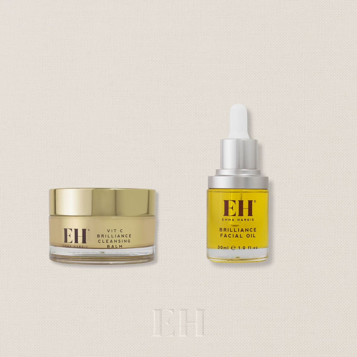 A ritual set with a gold jar of Emma HardieVit C Brilliance Cleansing Balm next to a yellow dropper bottle of Emma Hardie Brilliance Facial Oil, with a circular price badge reading 'Worth £95' in the top right corner.