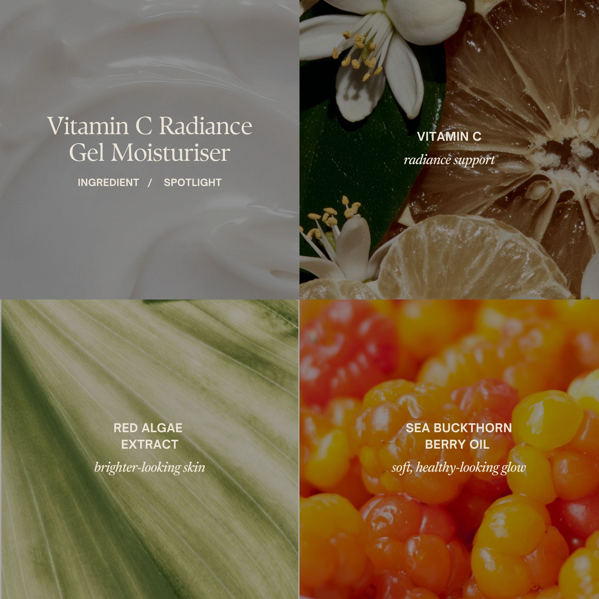 Vitamin C Radiance Gel Moisturiser Key Ingredients:
Vitamin C radiance support
Red algae extract brighter-looking skin
Sea buckthorn berry oil: soft, healthy-looking glow
