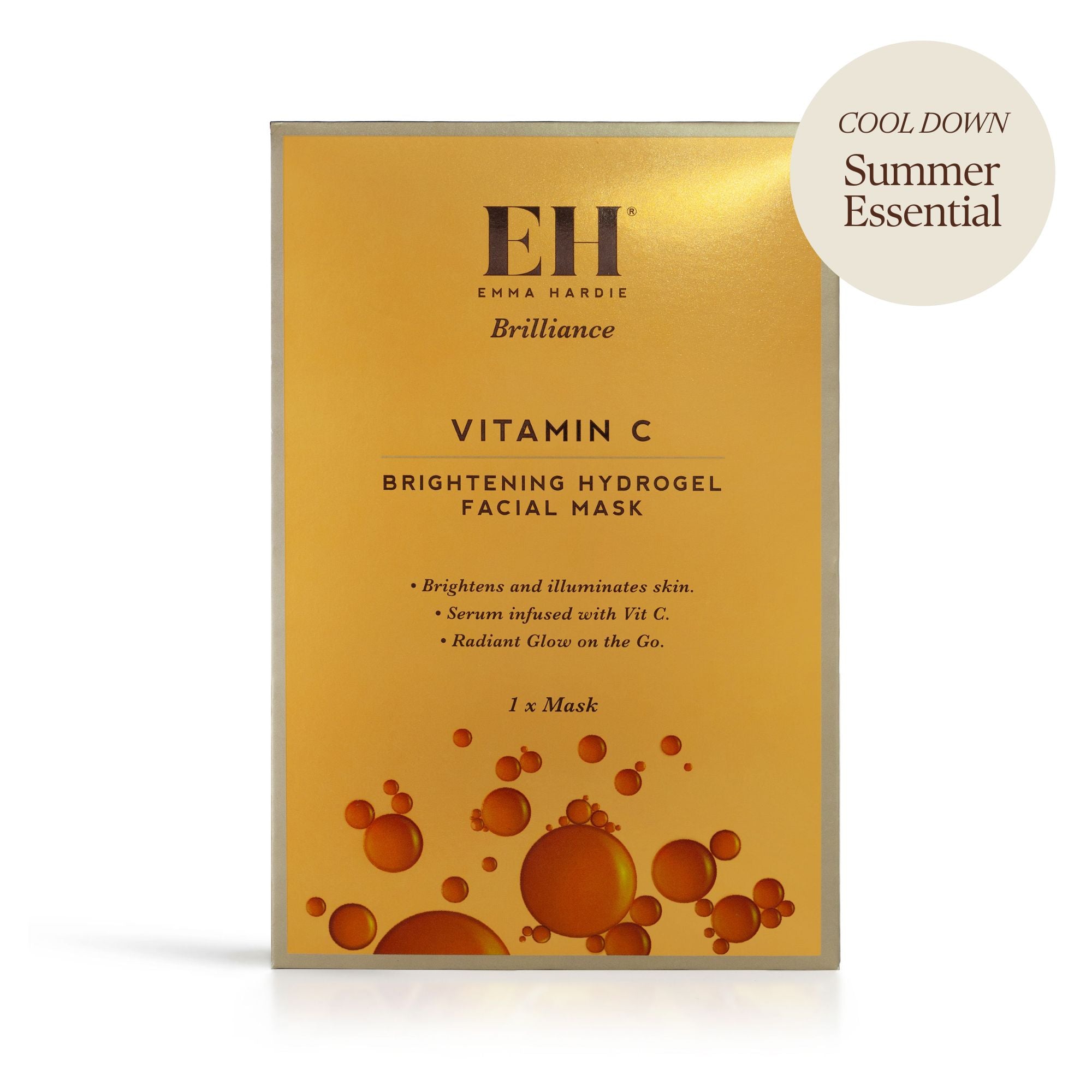 Emma Hardie Vitamin C brightening hydrogel facial mask packaging on a white background witha 'Cool down: Summer essential' sticker
