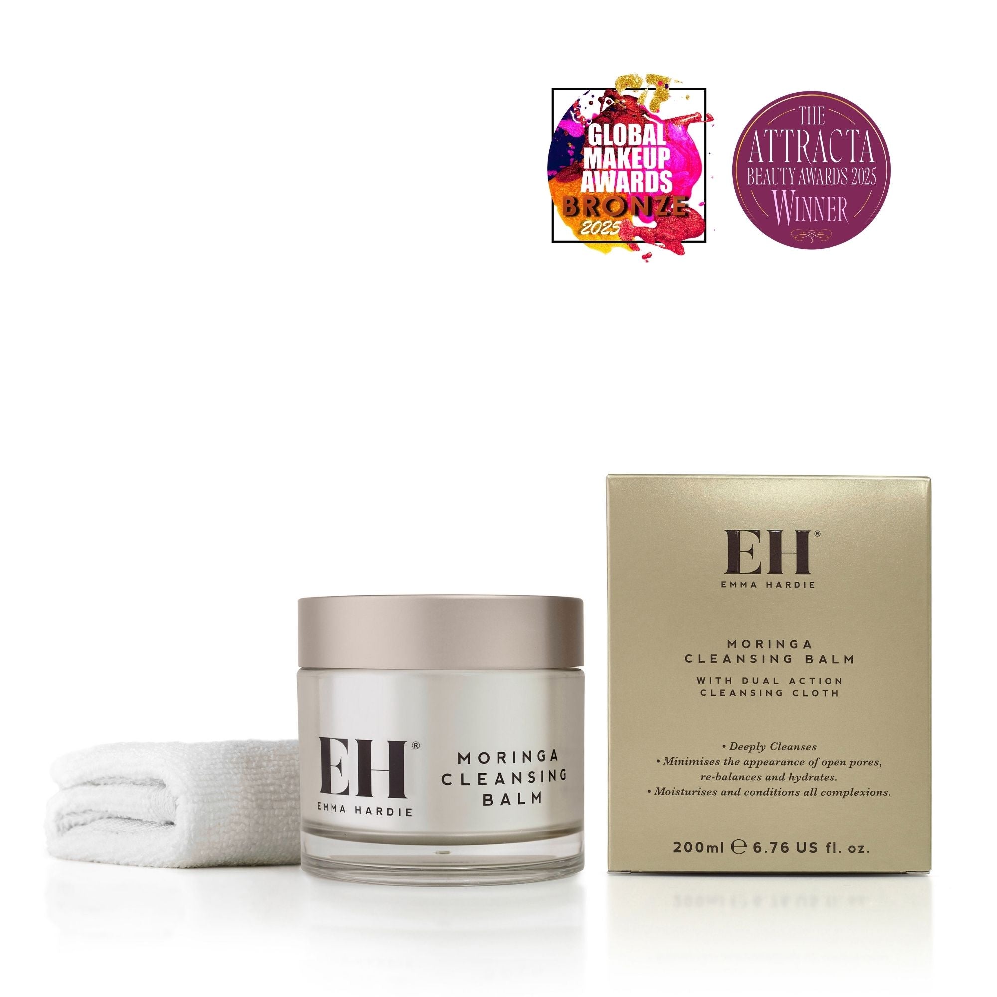 Emma Hardie Moringa Cleansing Balm with packaging and Dobule Cleansing Cloth on a white background.
