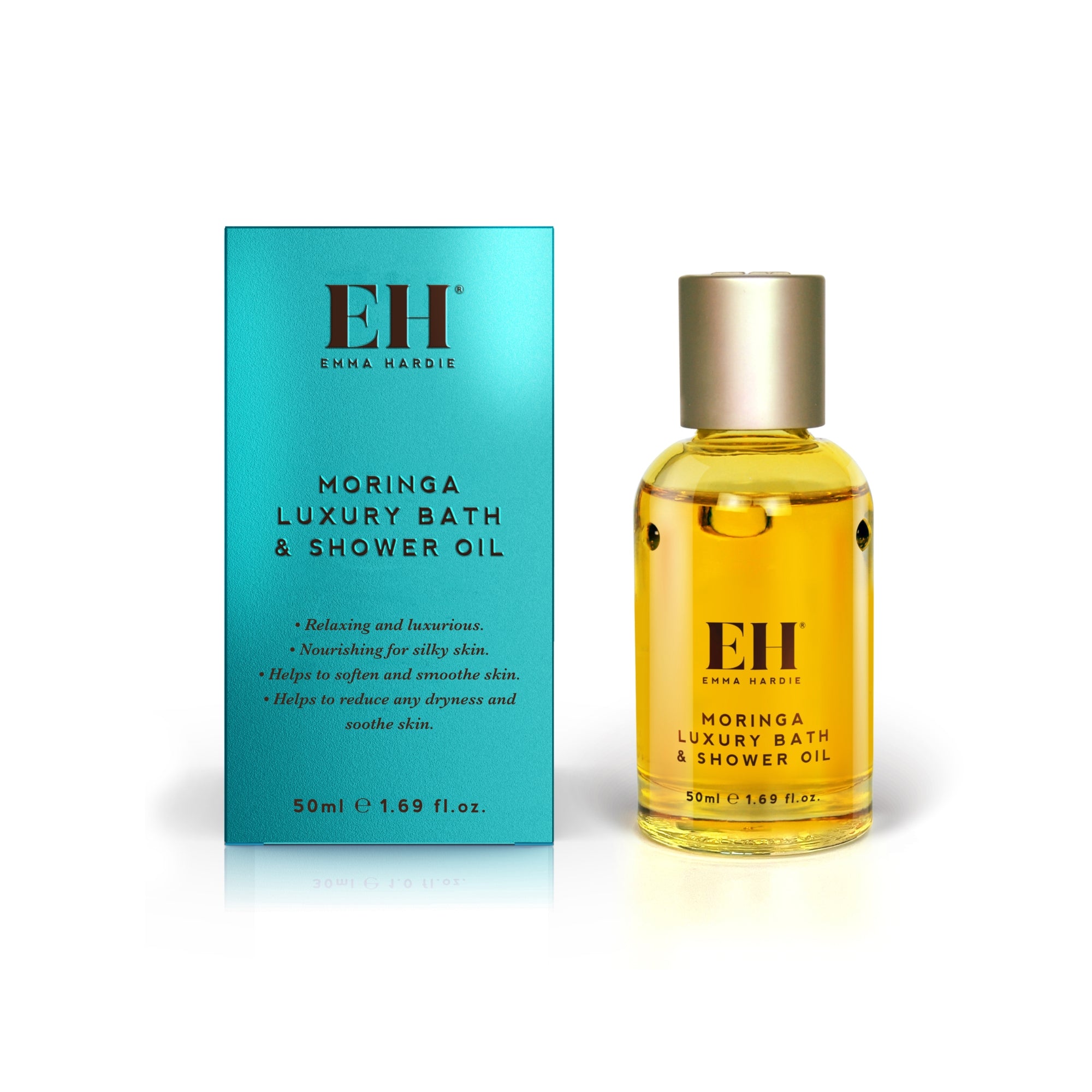 Enna Harris Moringa Luxury Bath & Shower Oil with packaging on a white background