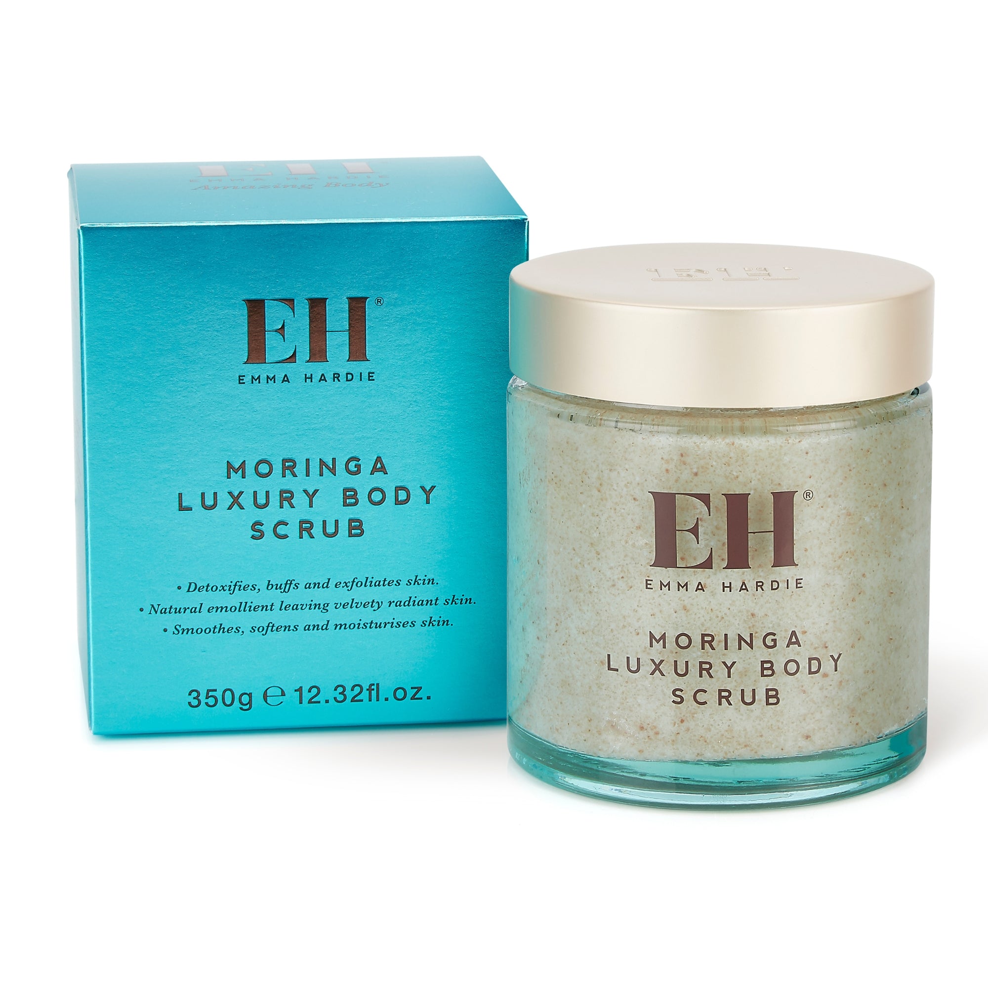 Moringa Luxury Body Scrub by Emma Hardie with packaging on a white background