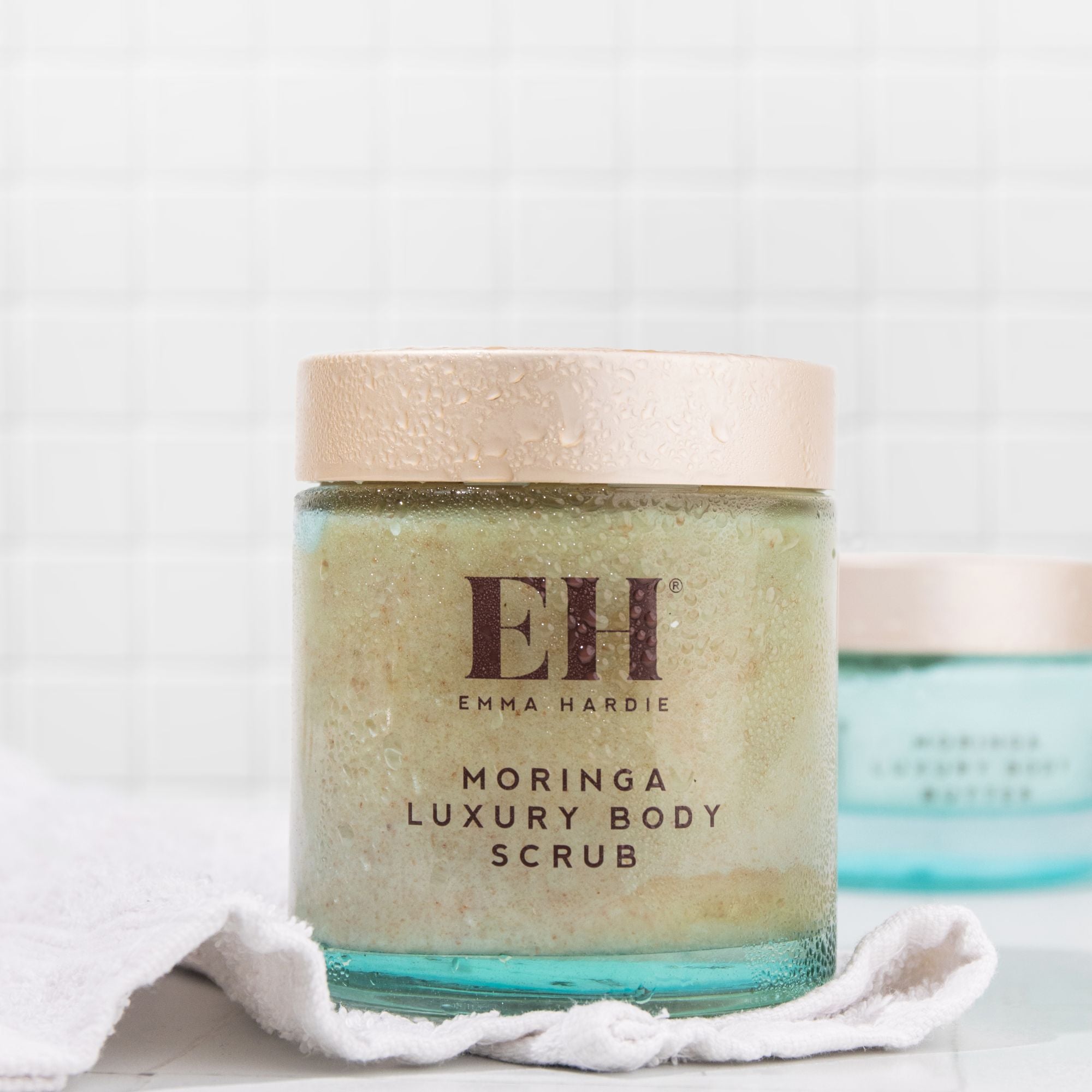 Jar of Emma Hardie Moringa Luxury Body Scrub on a white background