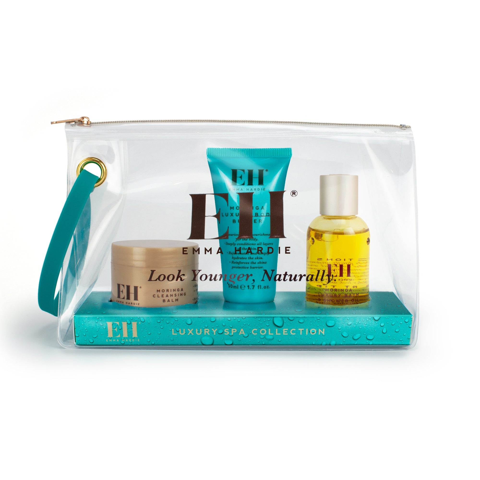 Emma Hazride Luxury Spa Collectionclear bag with products in it on a white background