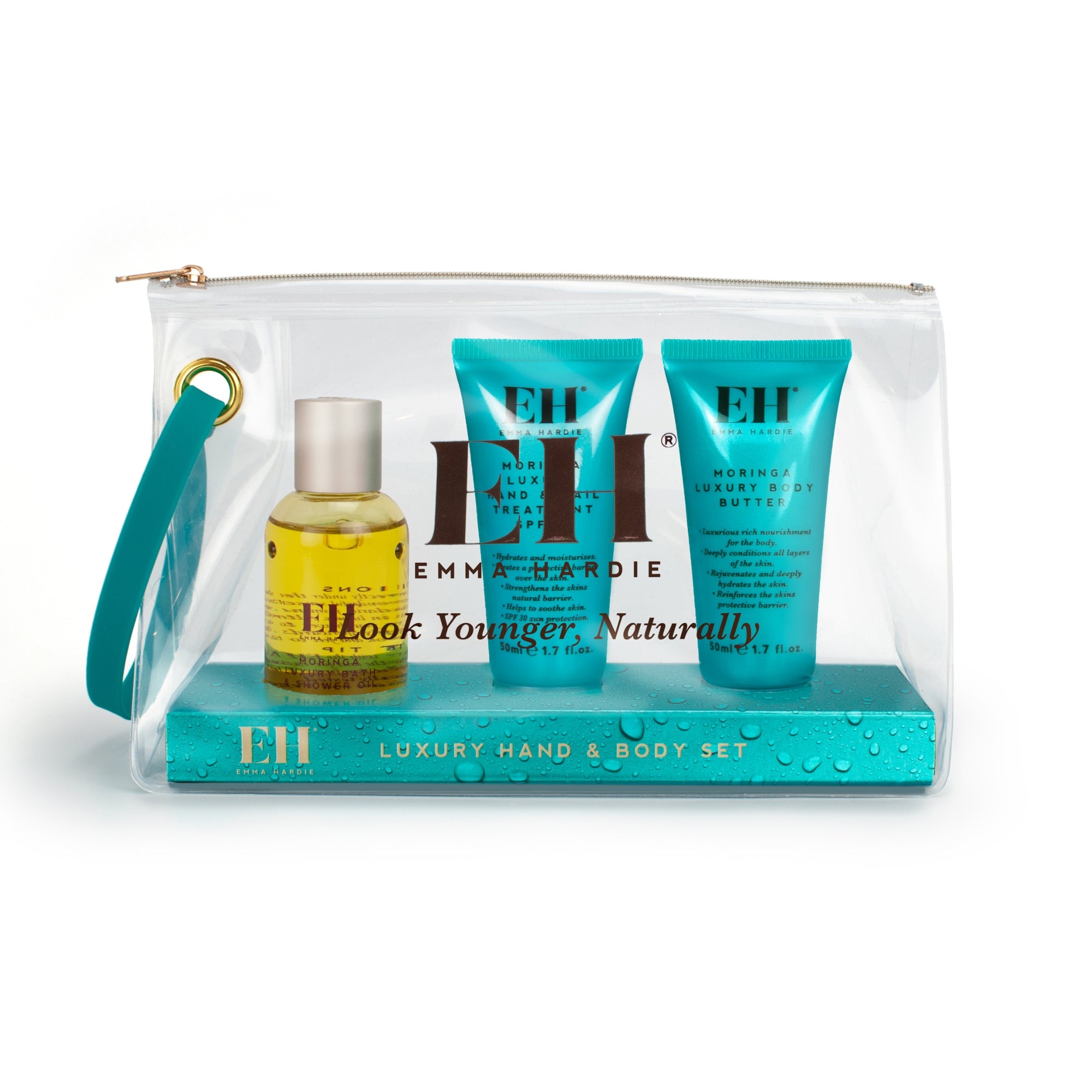Emma Hardie Luxury Hand and Body set with clear pouch on a white background