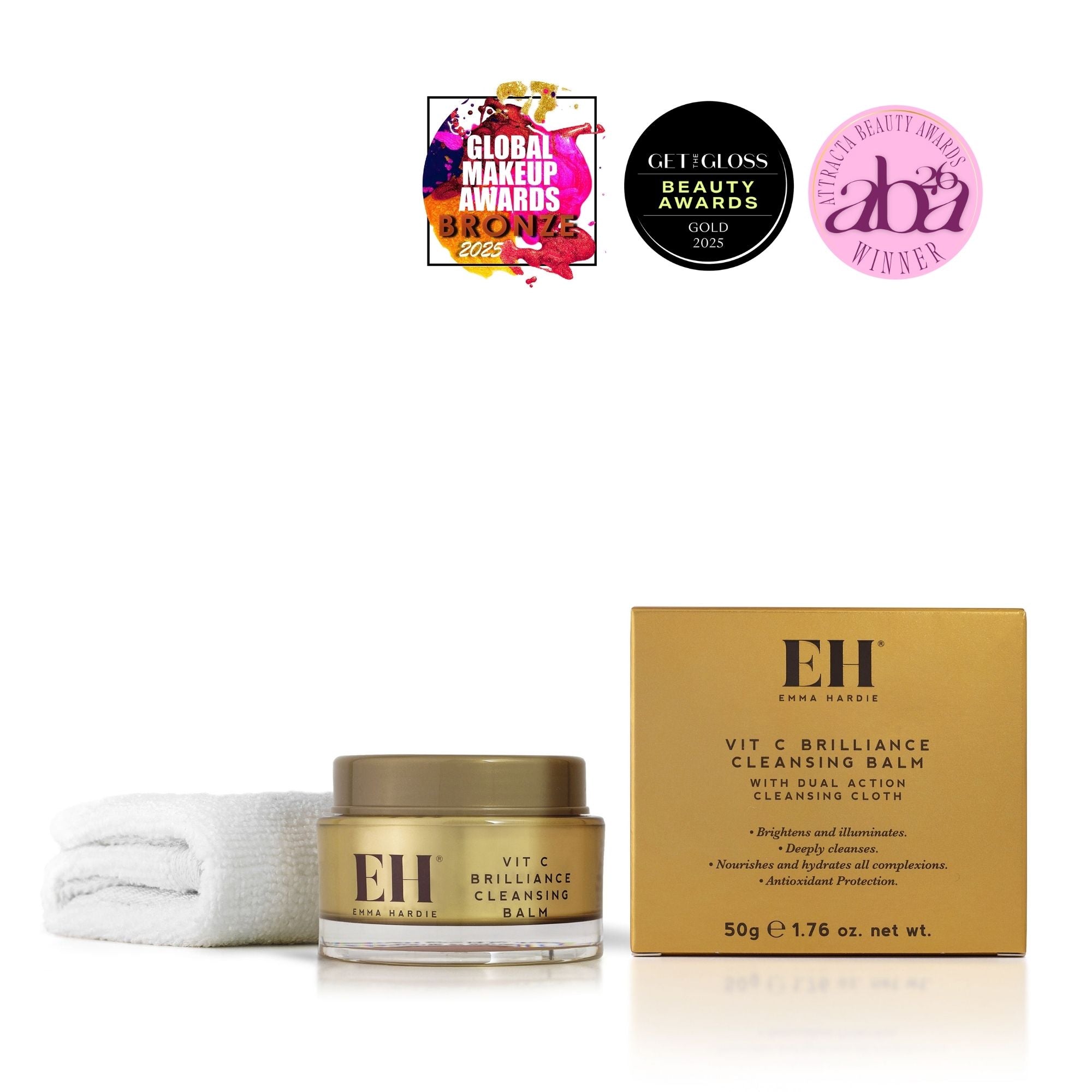Award Winning Emma Hardie Vit C Brilliance Cleansing Balm
Global Make Up Awards BRONZE Best Cleansing Balm
Get The Gloss Beauty Awards 2025 GOLD Best Oil Balm or Cleanser
Winner: Attracta Beauty Awards 26