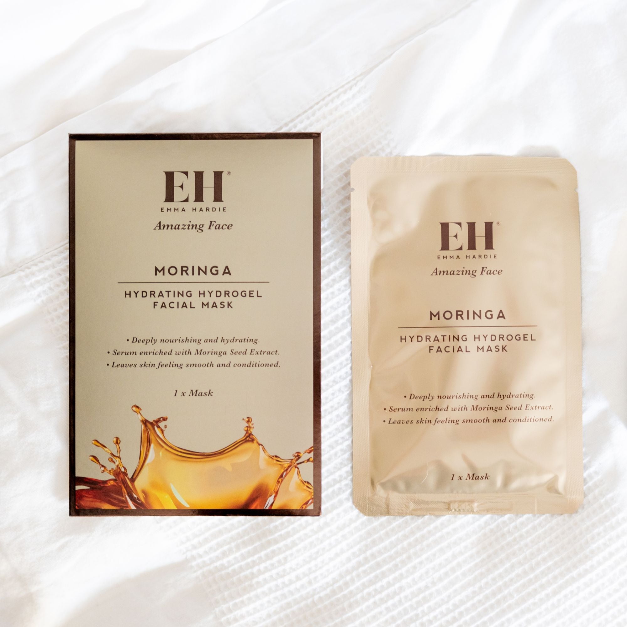 Ena Harris Moringa Hydrating Hydrogel Facial Mask and packaging on a white background