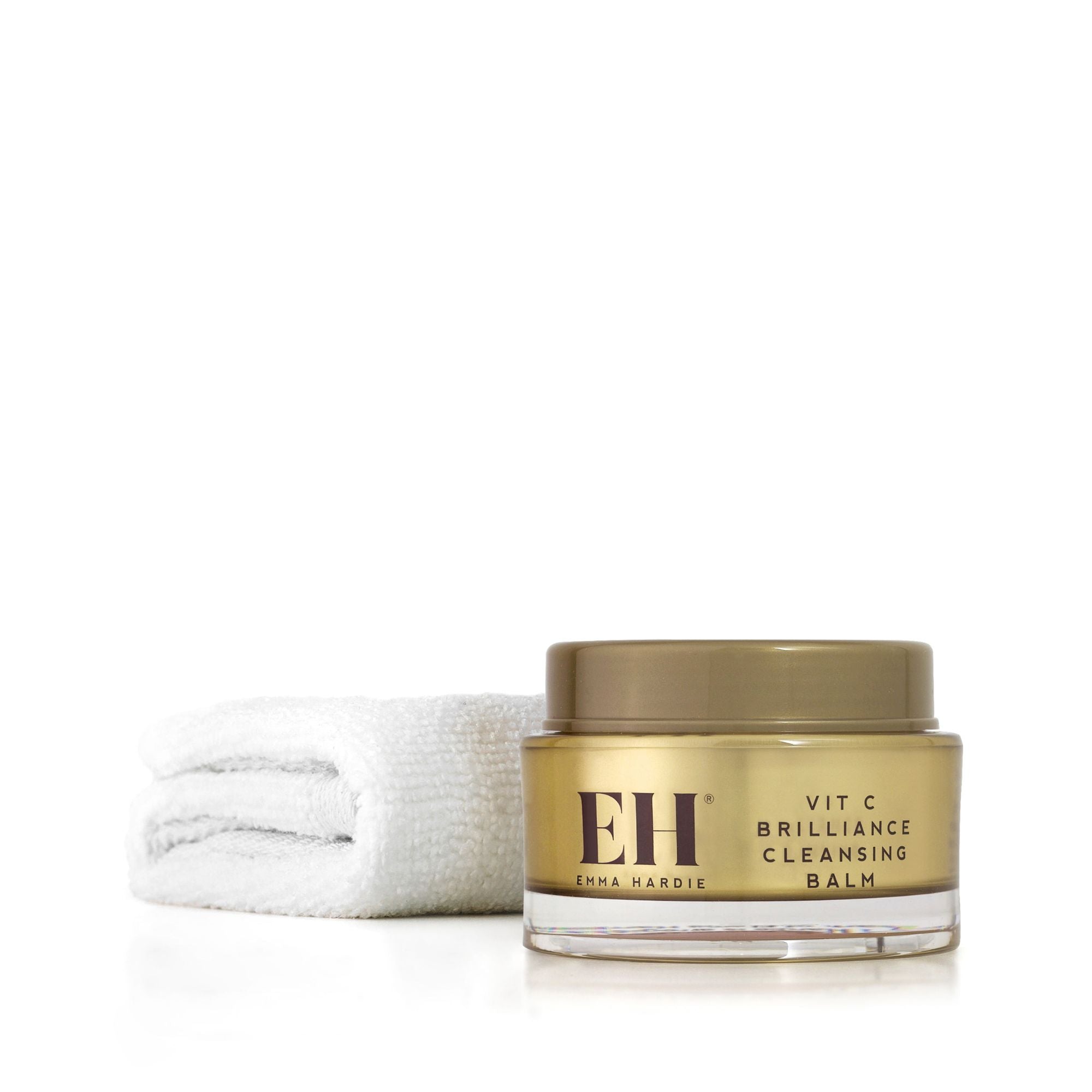 Enna Hardie Vit C Brilliance Cleansing Balm jar with a whit dual action cleansing cloth on a white background