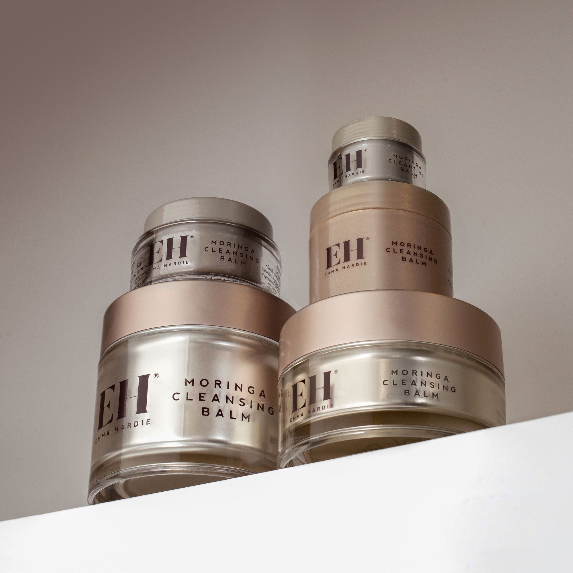 Full range of Emma Hardie Moringa Cleansing Balms on a neutral background
