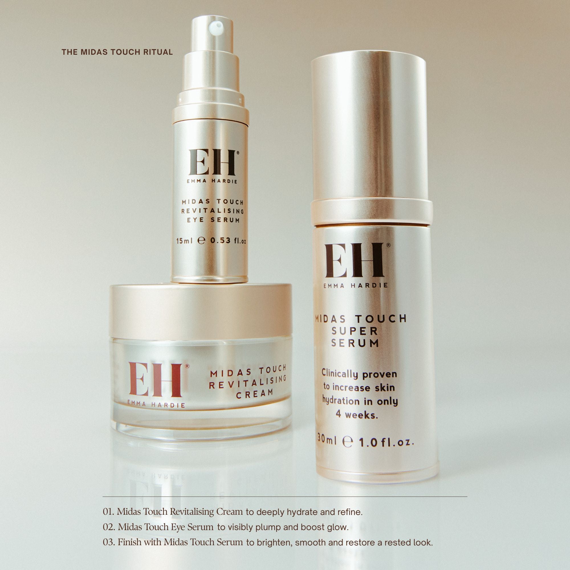 The Midas Touch Ritual:
01 Midas Touch Revitalising Cream to deeply hydrate and refine.
02 Midas Touch Eye Serum to visibly plump and boost glow.
03. Finish with Midas Touch Serum to brighten, smooth and restore a rested look.