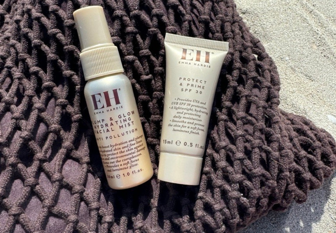Emma Hardie Plump & Glow Hydrating Facial Mist and Protect & Prime SPF30 on a textured summer towel.