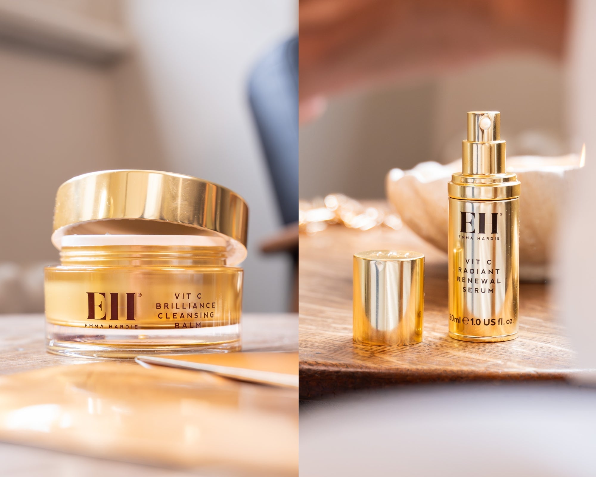 Emma Hardie Vitamin C Brilliance Cleansing Balm and Vitamin C Radiant Renewal Serum styled as an award-winning radiance ritual.