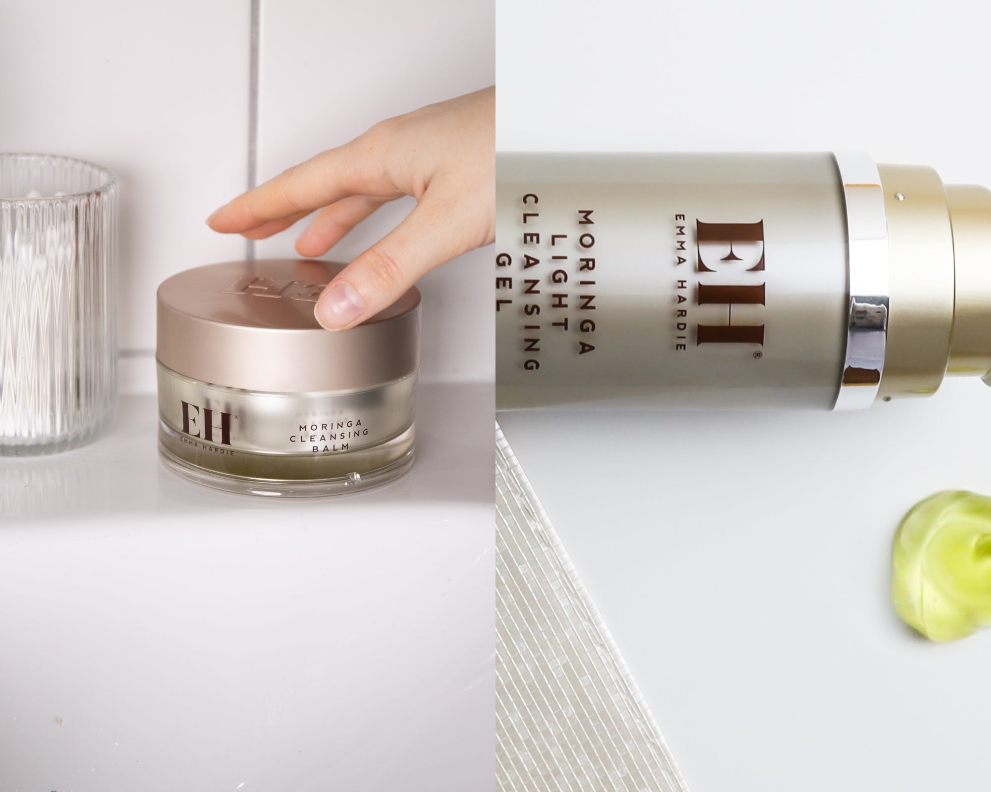 A split-screen view showing a skincare product by Emma Harrie. On the left, a hand rests on an Emma Hardie Moringa Cleansing Balm jar. On the right a tube of Moring aLight Cleansing Gel with a drop of product nex tt oi.