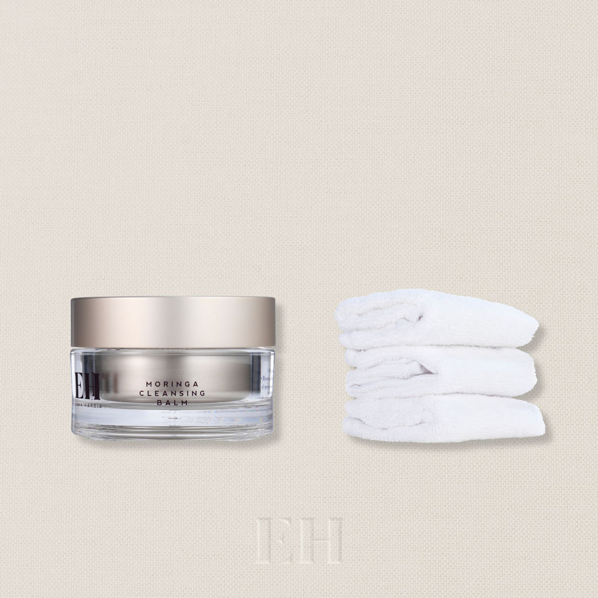 Emma Hardie Moringa Cleansing balm with three cloths next to it on a white background with a 'Worth £72' roundel.
