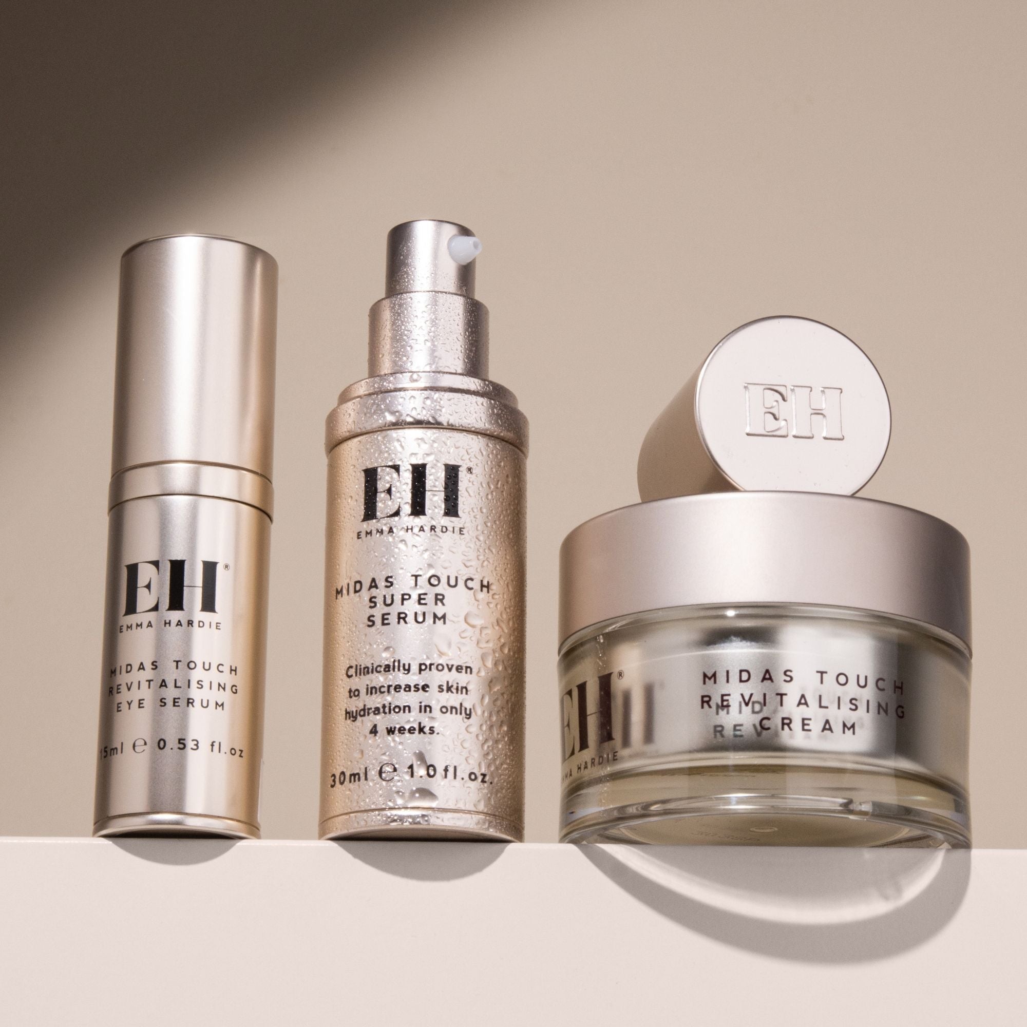 Emma Hardie Midas Touch Revitalising Cream, Eye Serum and Super Serum displayed together.